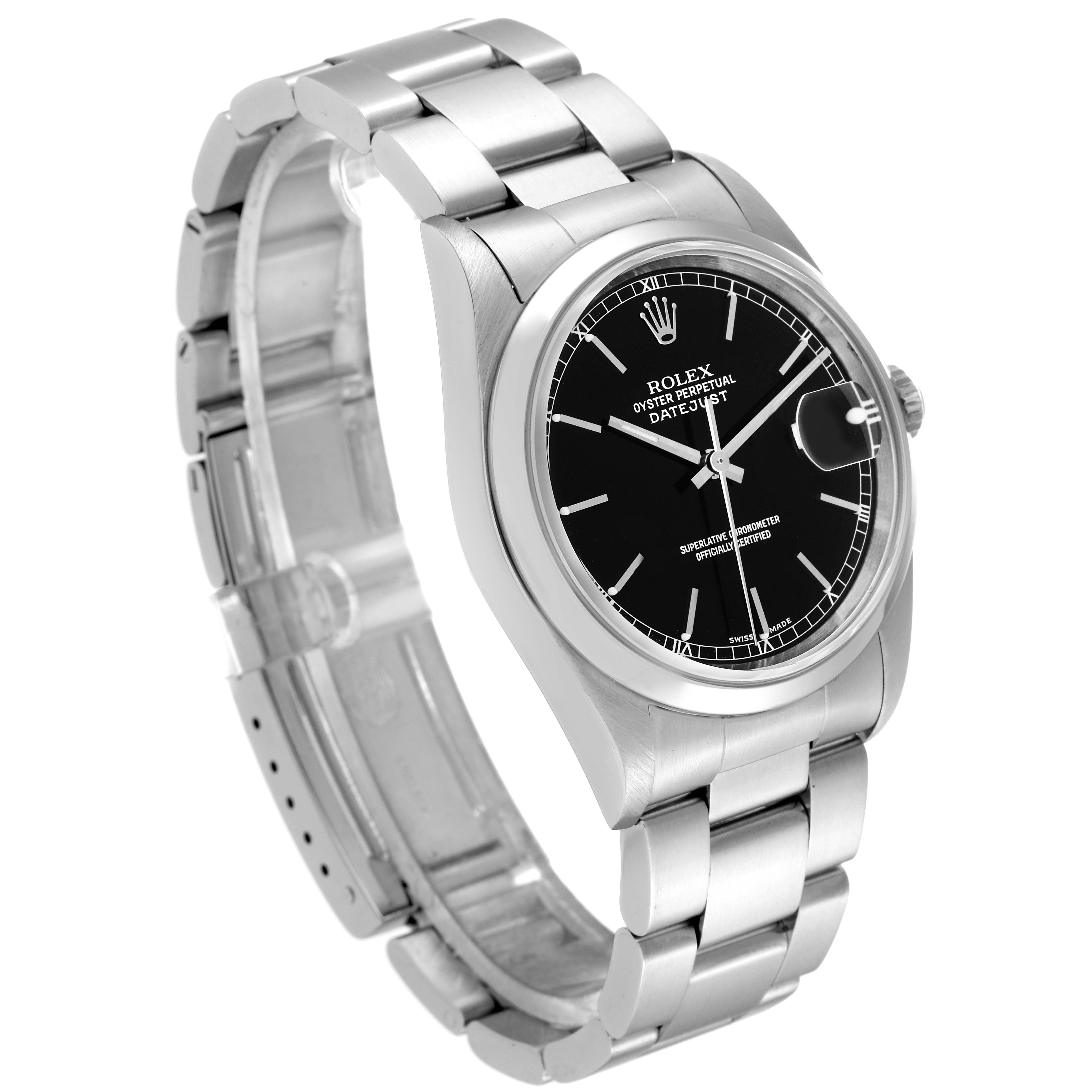The Rolex Datejust 16200 Men's Stainless Steel Black Dial 16200 Men's Stainless Steel Black Dial watch is shown at a slight angle displaying the dial, bracelet, and clasp.