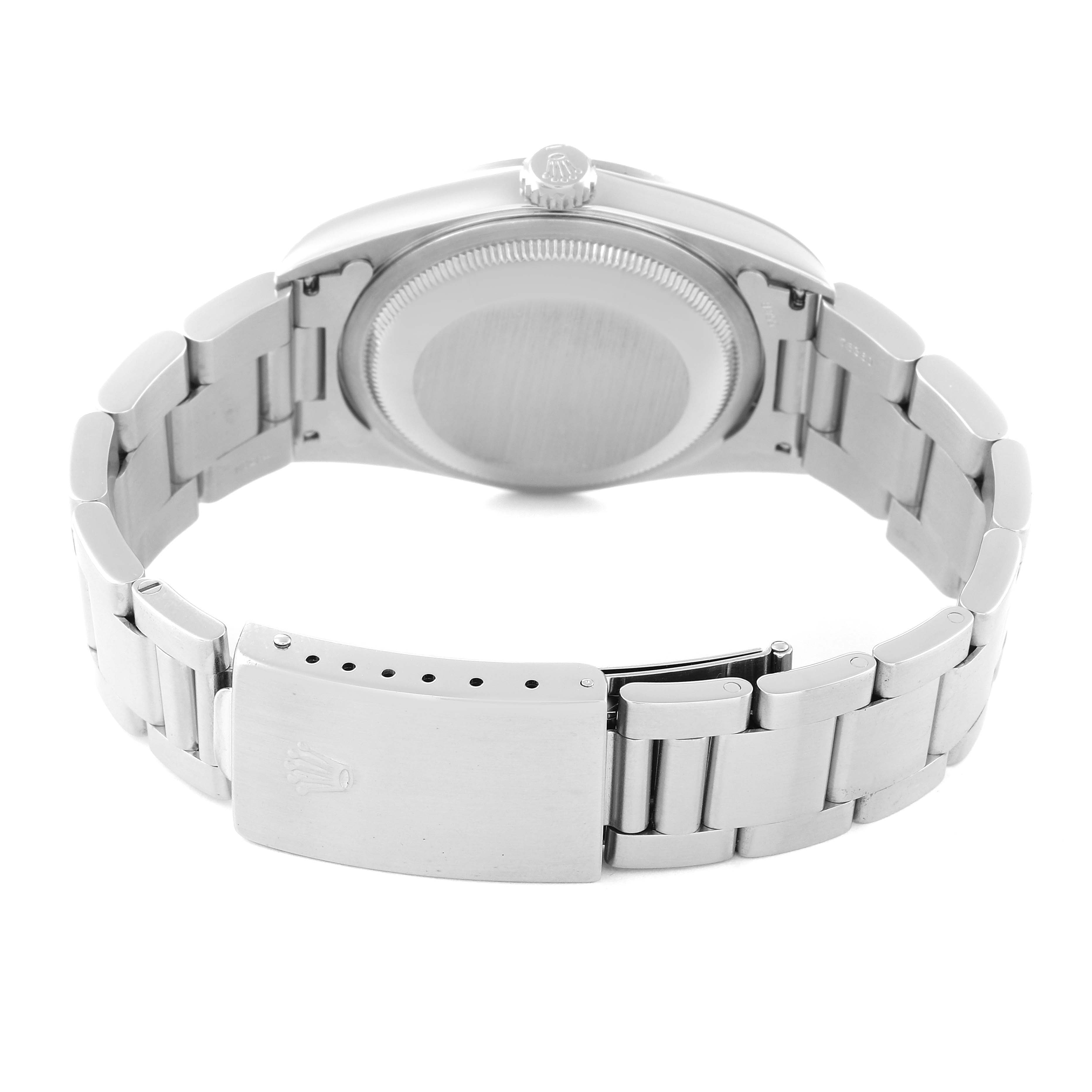 This image shows the back view and clasp of a Rolex Datejust 16200 Men's Stainless Steel Black Dial 16200 Men's Stainless Steel Black Dial watch, highlighting its bracelet and case back.