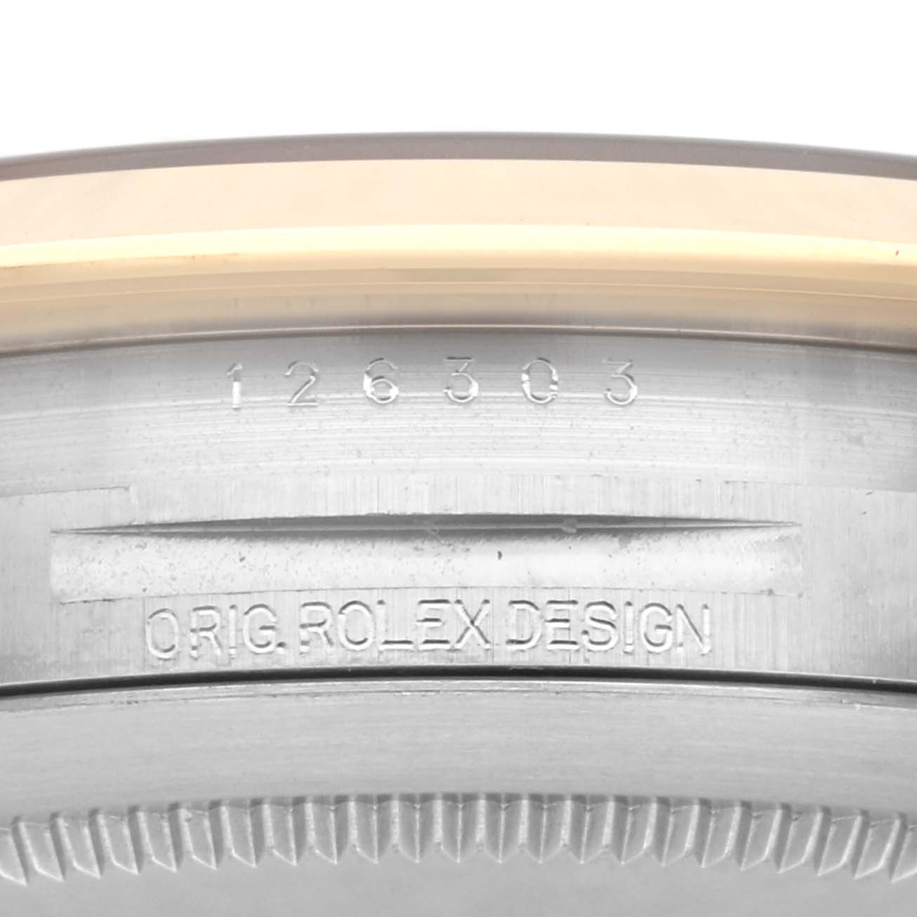 The image shows the case side with engravings for the Rolex Datejust 41 126303 Men's Steel and Gold (two tone) Grey Dial 126303 Men's Steel and Gold (two tone) Grey Dial model.