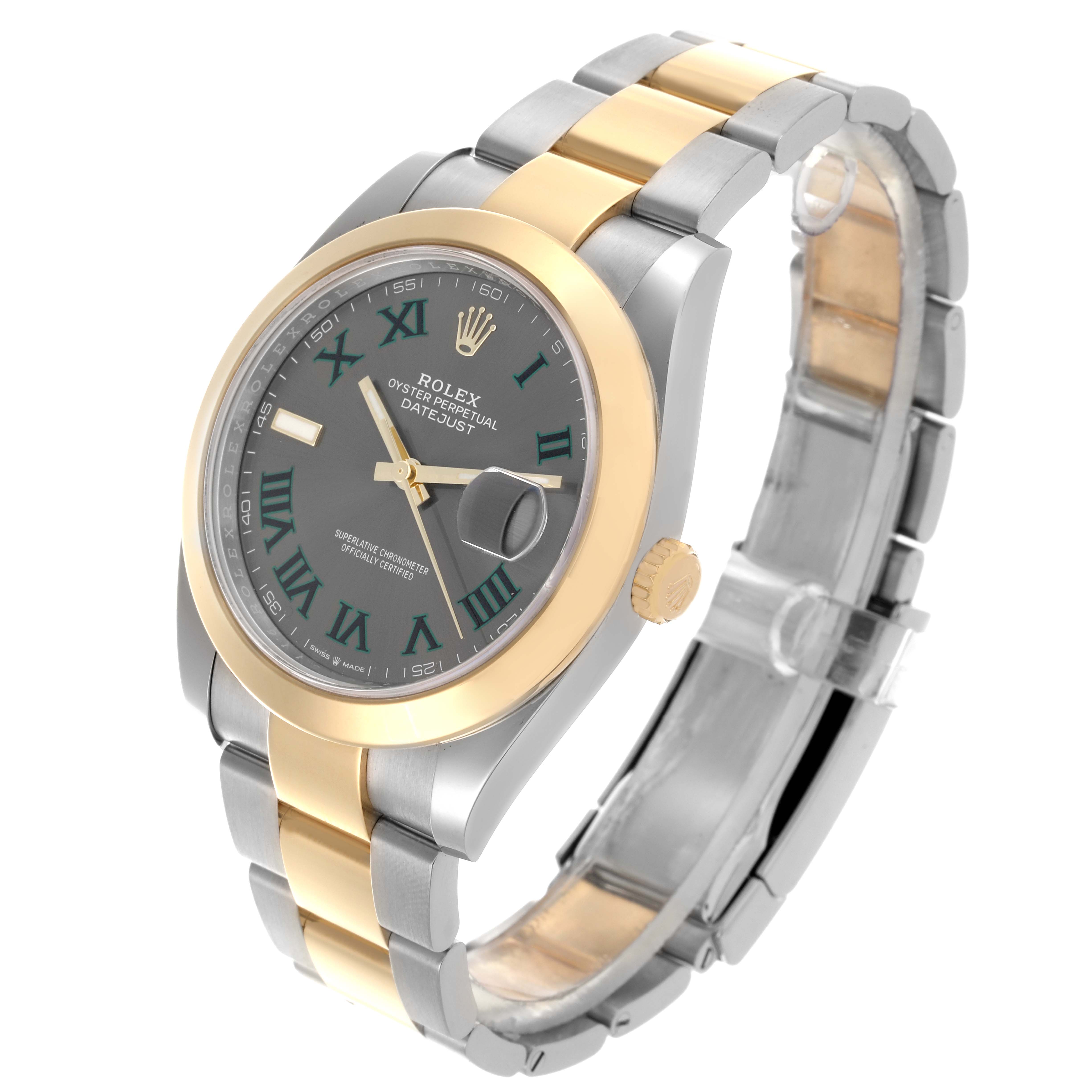 The Rolex Datejust 41 126303 Men's Steel and Gold (two tone) Grey Dial 126303 Men's Steel and Gold (two tone) Grey Dial is shown at a three-quarter angle, highlighting the dial, bezel, crown, and two-tone bracelet.