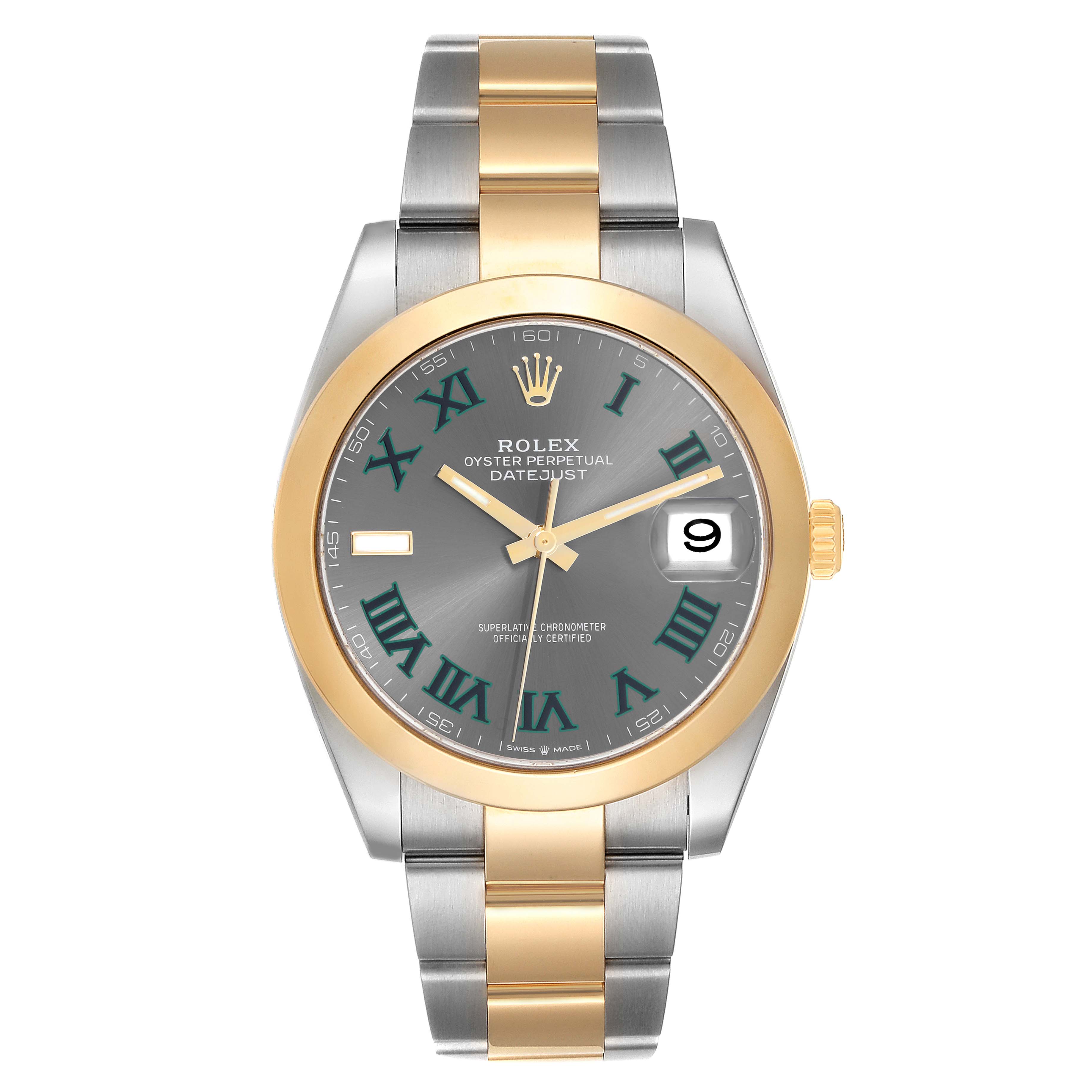 The Rolex Datejust 41 126303 Men's Steel and Gold (two tone) Grey Dial 126303 Men's Steel and Gold (two tone) Grey Dial is shown from the front, displaying the dial, bezel, two-tone bracelet, and date window.