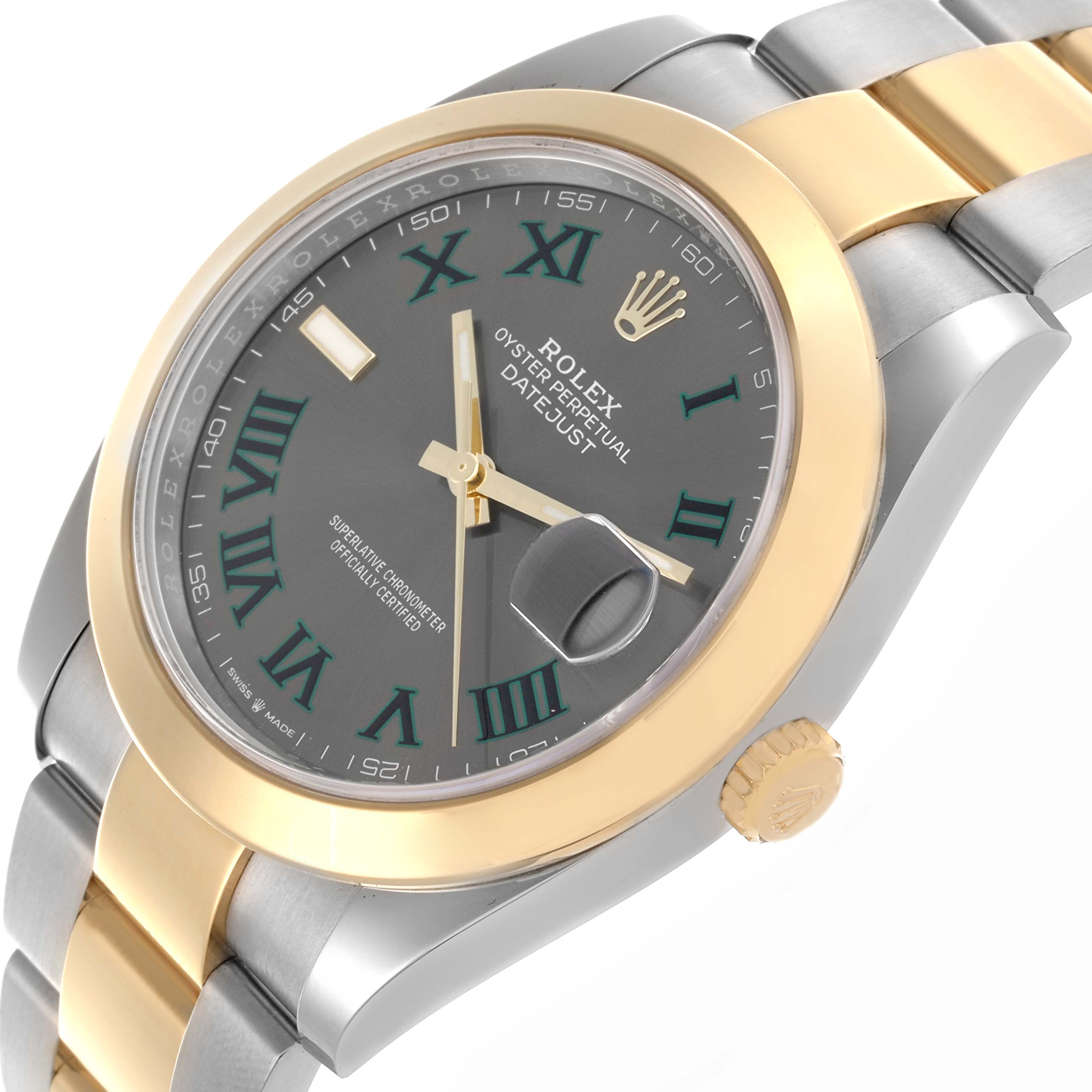 The Rolex Datejust 41 126303 Men's Steel and Gold (two tone) Grey Dial 126303 Men's Steel and Gold (two tone) Grey Dial is shown at an angle from the front and side, highlighting the dial, bezel, crown, and part of the bracelet.
