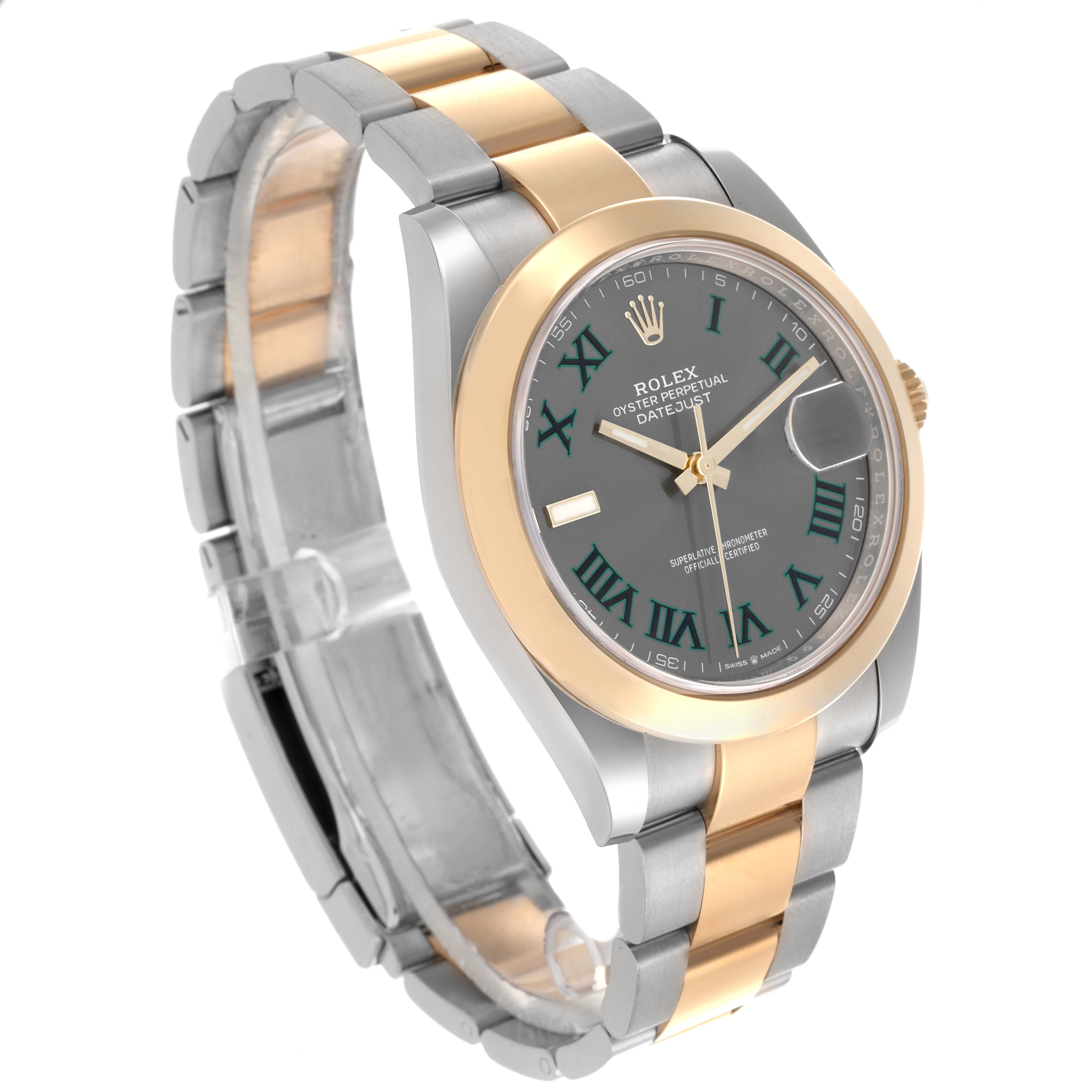 The Rolex Datejust 41 126303 Men's Steel and Gold (two tone) Grey Dial 126303 Men's Steel and Gold (two tone) Grey Dial watch is shown at a three-quarter angle, highlighting the dial, bezel, and two-tone bracelet.