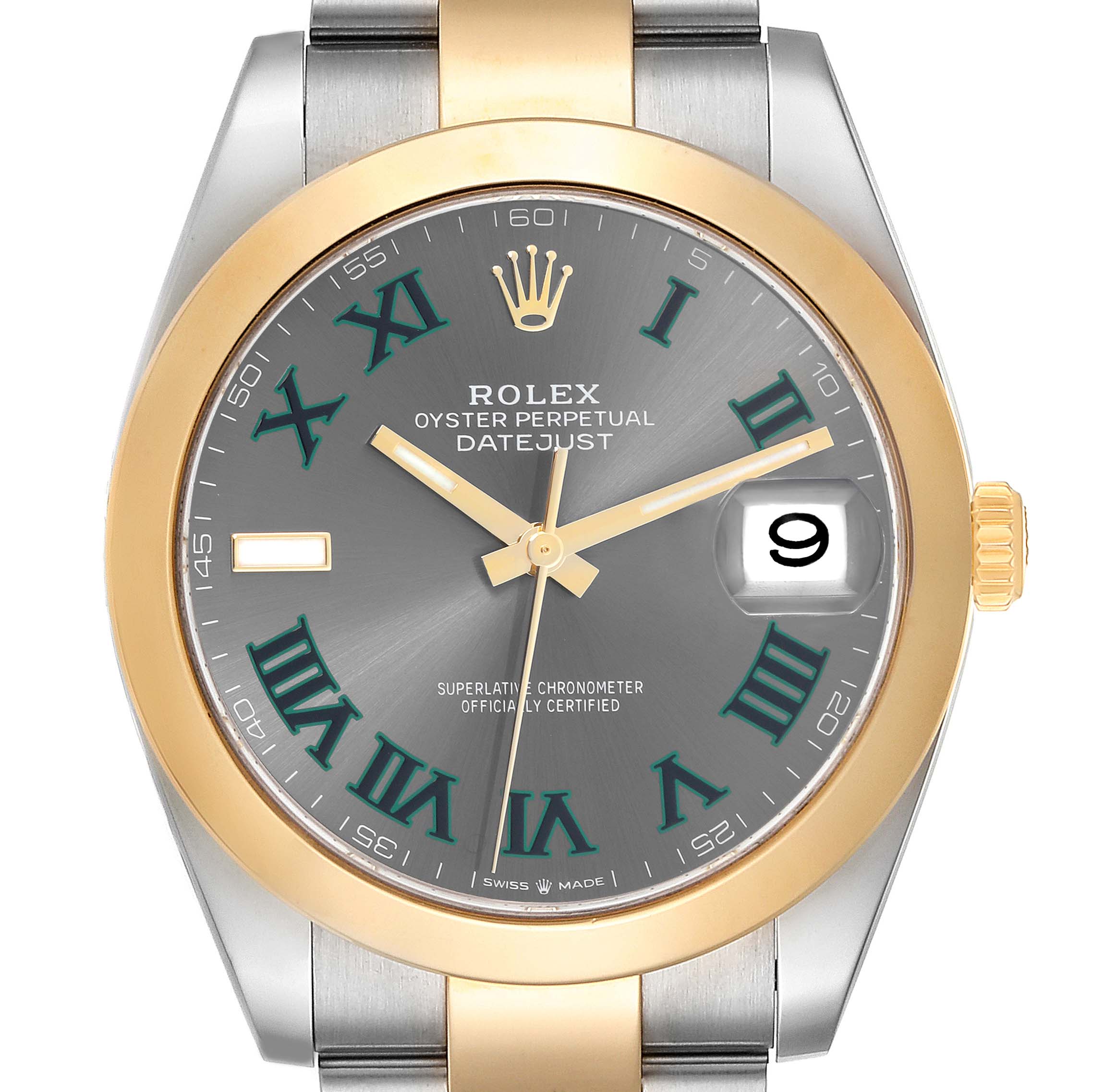 The Rolex Datejust 41 126303 Men's Steel and Gold (two tone) Grey Dial 126303 Men's Steel and Gold (two tone) Grey Dial is shown from the front, highlighting the dial, bezel, and part of the bracelet.