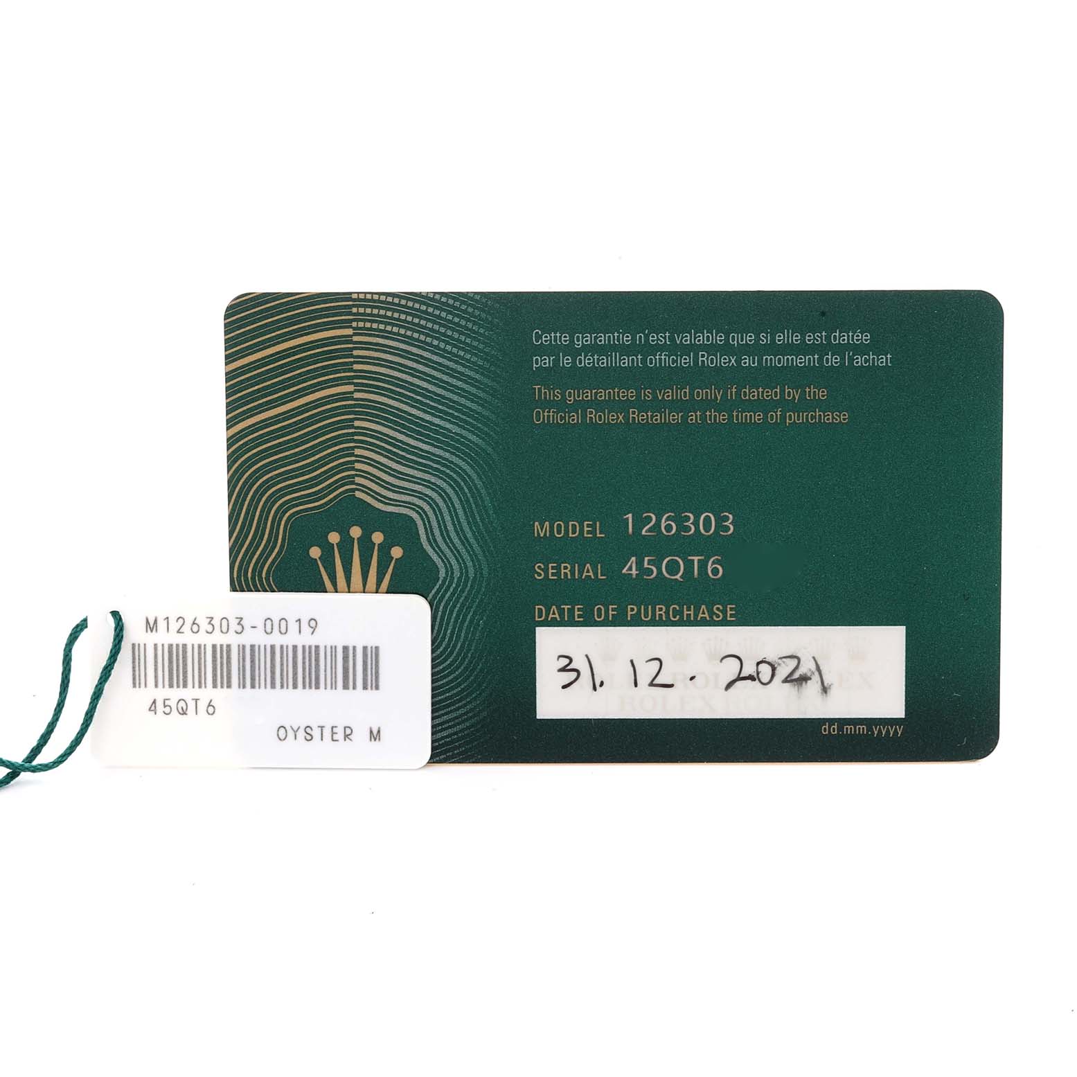 This image shows the Rolex Datejust 41 126303 Men's Steel and Gold (two tone) Grey Dial 126303 Men's Steel and Gold (two tone) Grey Dial guarantee card and attached tags with serial and model details.