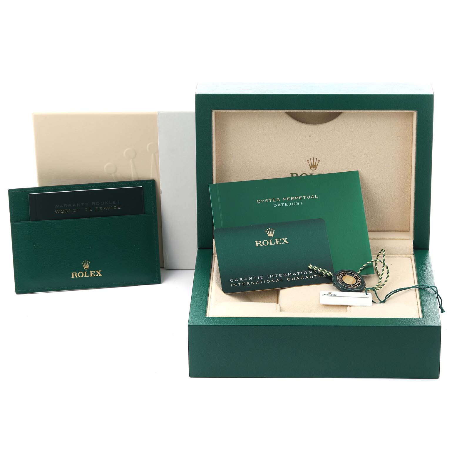 The image shows packaging and accessories for a Rolex Datejust 41 126303 Men's Steel and Gold (two tone) Grey Dial 126303 Men's Steel and Gold (two tone) Grey Dial, including boxes, booklets, and a tag.