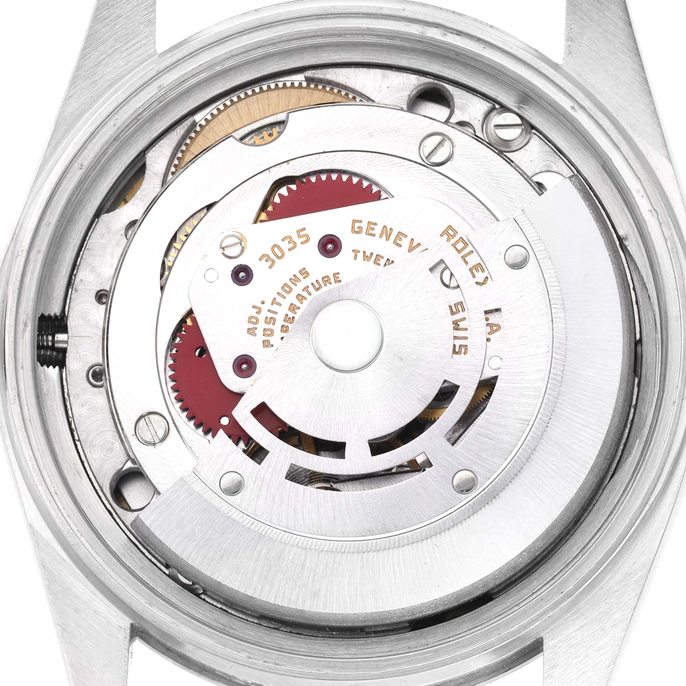 The image shows a top-down view of the Rolex Datejust 16030 Men's Stainless Steel Silver Dial 16030 Men's Stainless Steel Silver Dial's movement and internal mechanisms.