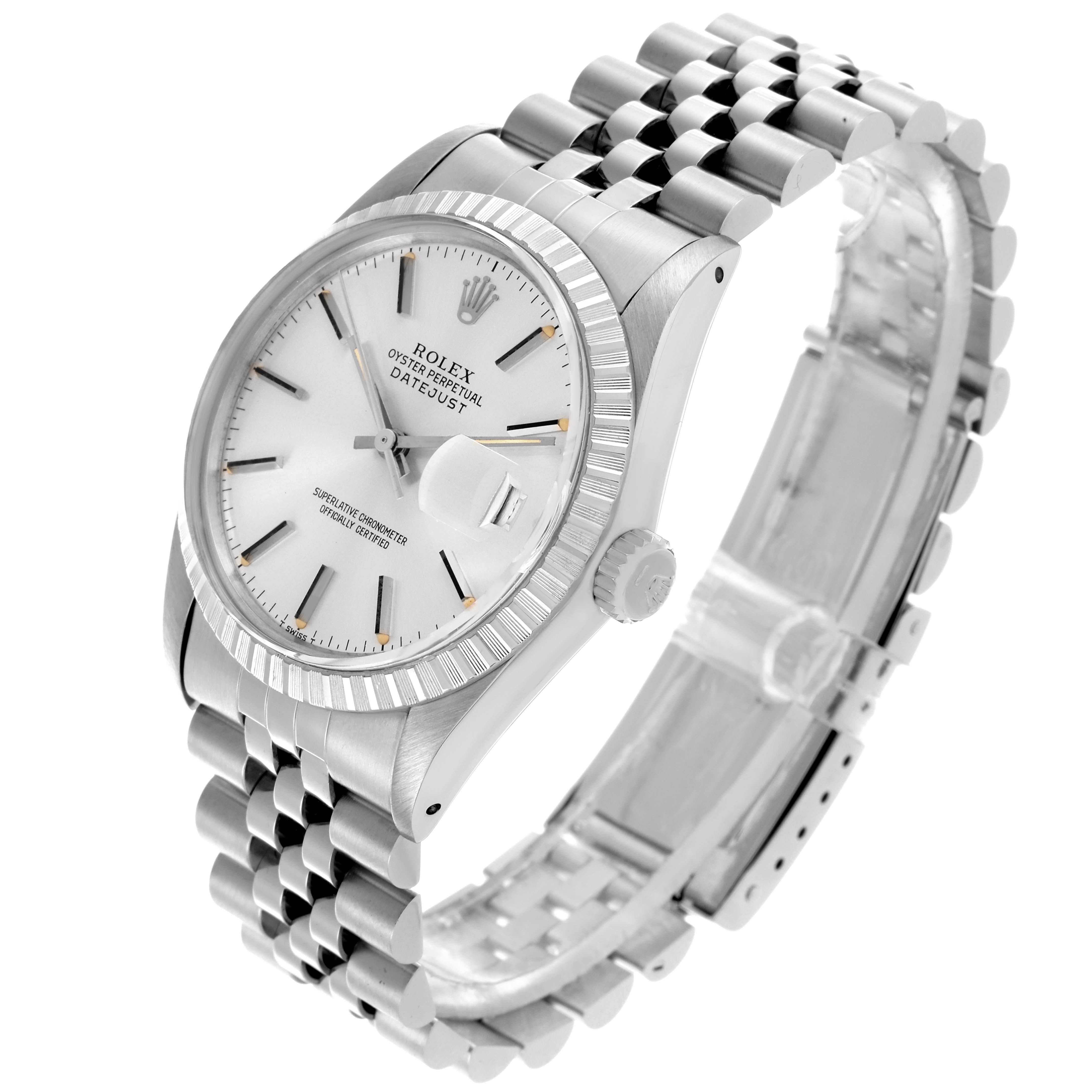 The Rolex Datejust 16030 Men's Stainless Steel Silver Dial 16030 Men's Stainless Steel Silver Dial watch is shown at an angle highlighting the dial, bezel, crown, and Jubilee bracelet.