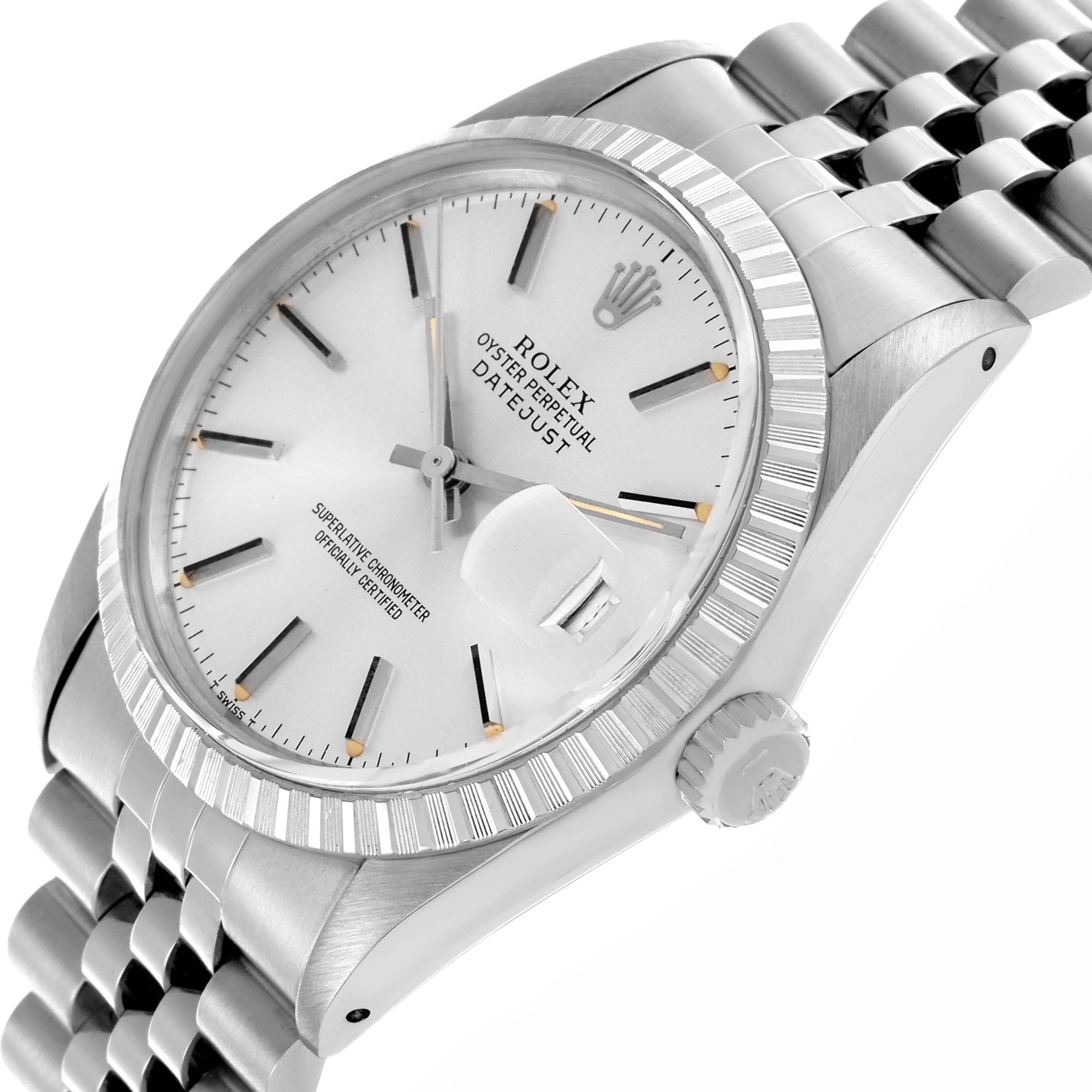 The Rolex Datejust 16030 Men's Stainless Steel Silver Dial 16030 Men's Stainless Steel Silver Dial watch is shown at a three-quarter angle, highlighting the dial, bezel, crown, and bracelet.