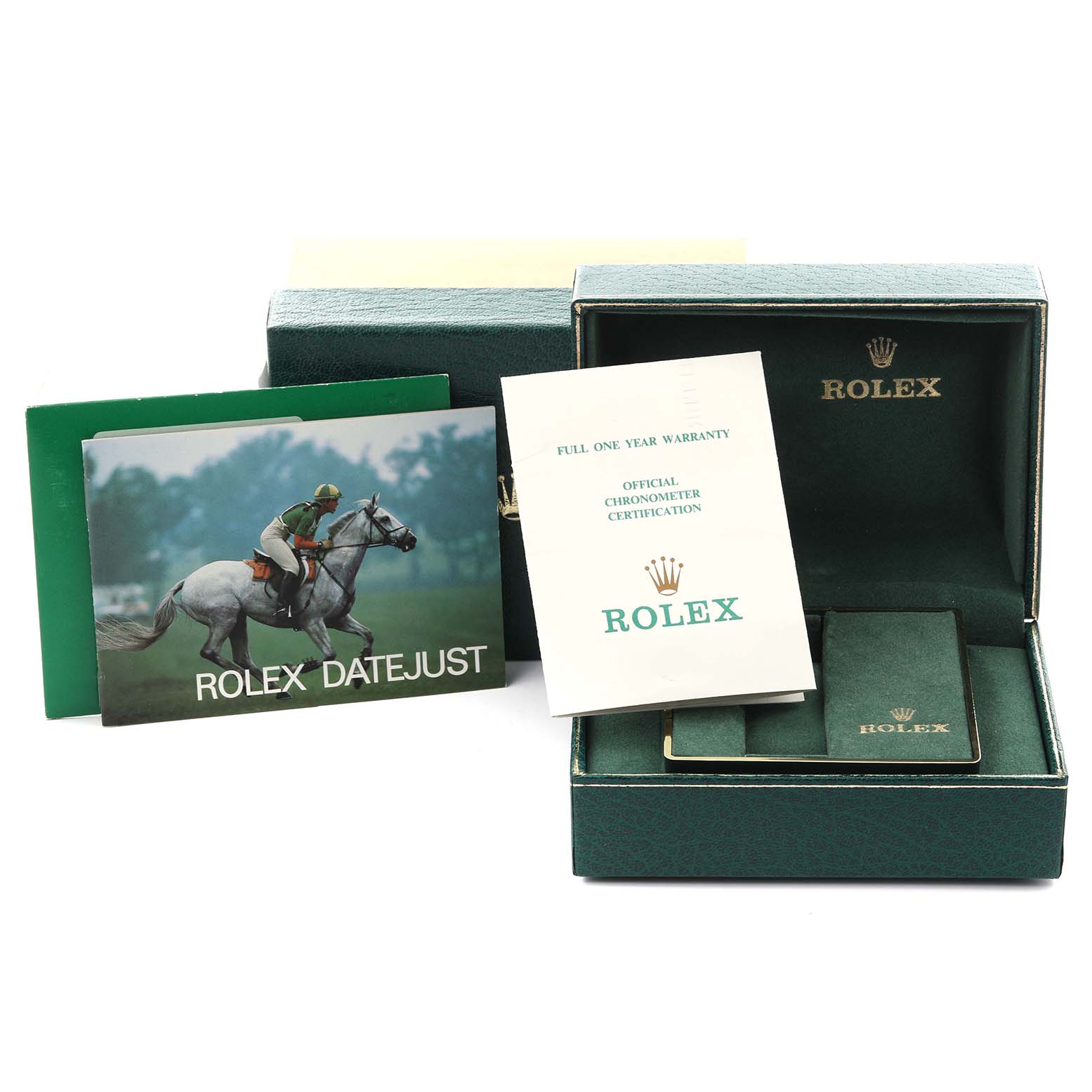 The image shows Rolex Datejust 16030 Men's Stainless Steel Silver Dial 16030 Men's Stainless Steel Silver Dial packaging, warranty card, and certification documents from a frontal angle.