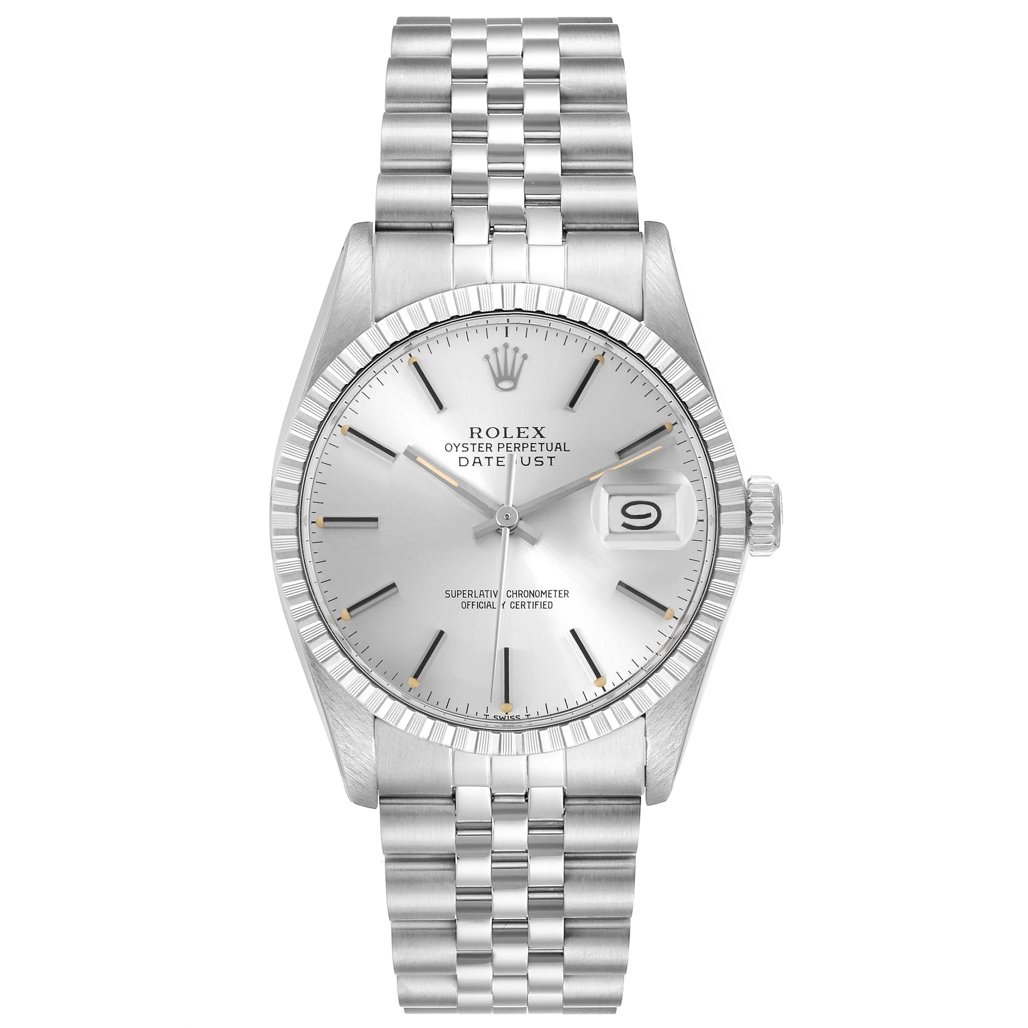 The image shows a front view of the Rolex Datejust 16030 Men's Stainless Steel Silver Dial 16030 Men's Stainless Steel Silver Dial, highlighting the dial, bezel, crown, and bracelet.