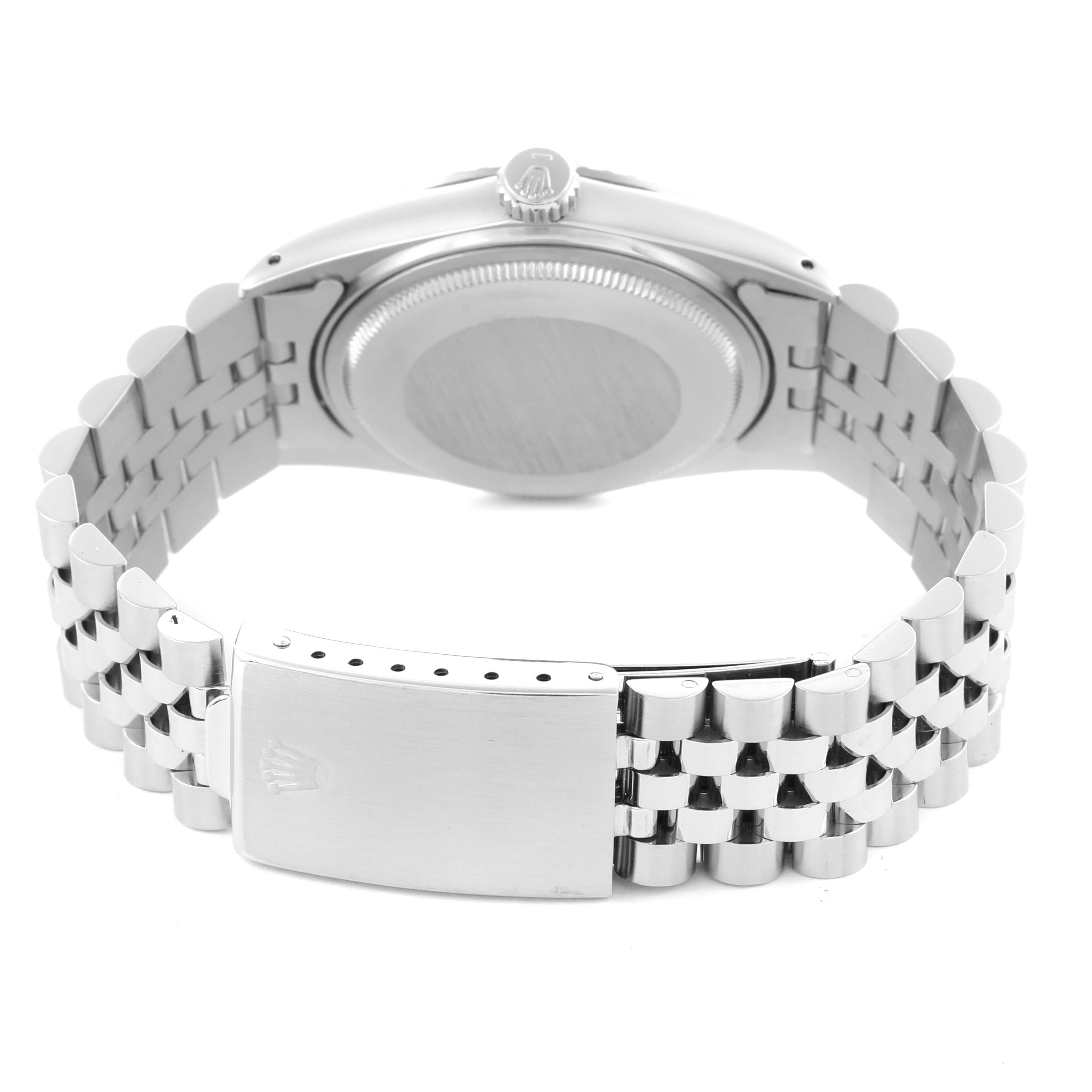 The Rolex Datejust 16030 Men's Stainless Steel Silver Dial 16030 Men's Stainless Steel Silver Dial is shown from the back, highlighting the bracelet, clasp, and case back.