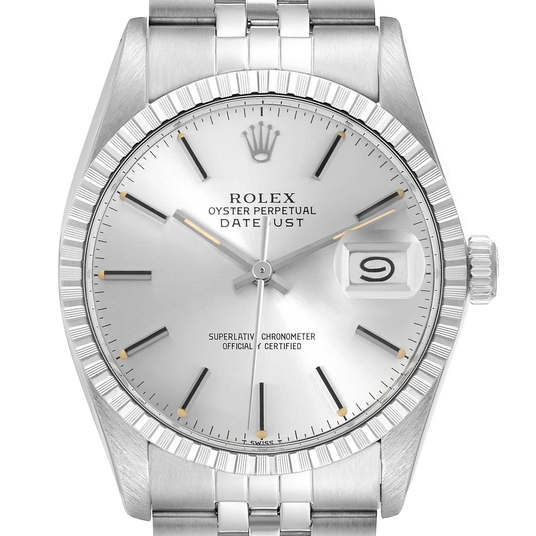 The image shows a frontal view of a Rolex Datejust 16030 Men's Stainless Steel Silver Dial 16030 Men's Stainless Steel Silver Dial watch, highlighting the dial, bezel, and bracelet.