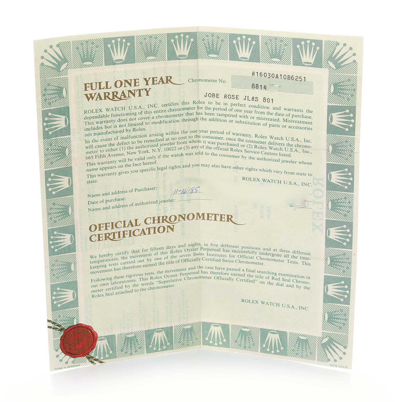 This image shows the warranty and chronometer certification document for the Rolex Datejust 16030 Men's Stainless Steel Silver Dial 16030 Men's Stainless Steel Silver Dial watch.