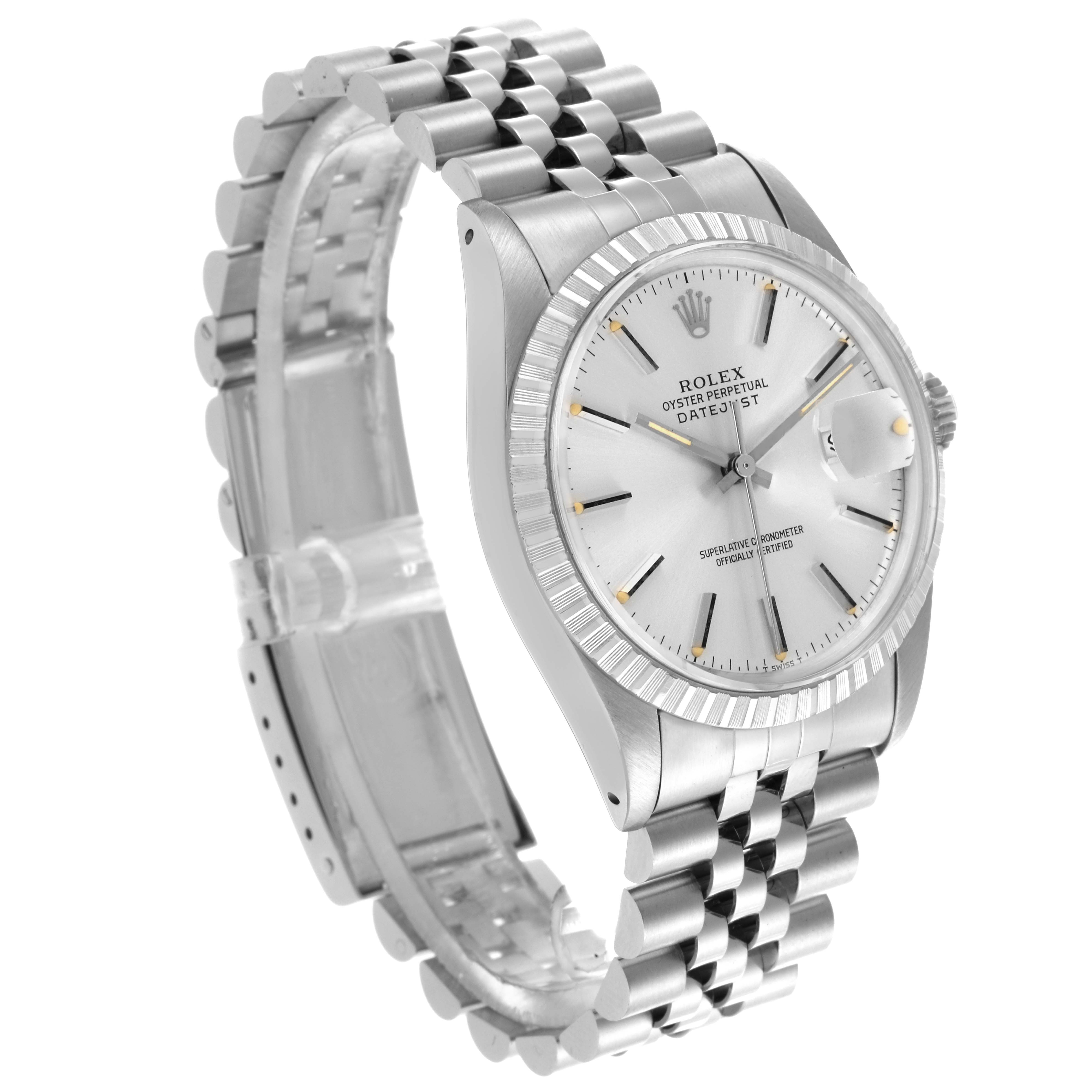 The Rolex Datejust 16030 Men's Stainless Steel Silver Dial 16030 Men's Stainless Steel Silver Dial watch is shown at a three-quarter angle, highlighting the dial, bezel, and Jubilee bracelet.