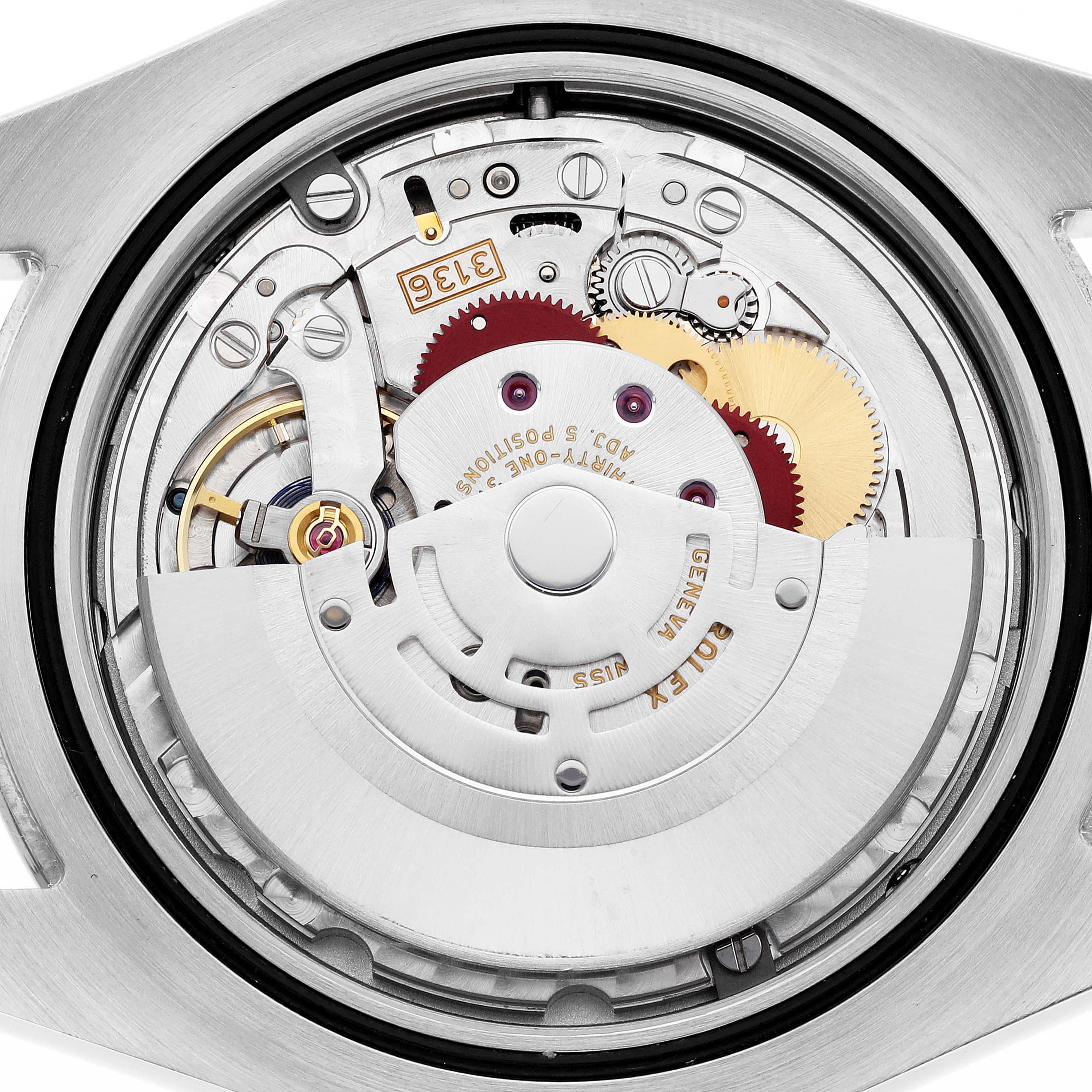 This image shows the intricate movement mechanism of a Rolex Datejust 41 116334 Men's Stainless Steel Grey Dial 116334 Men's Stainless Steel Grey Dial, viewed from the back.