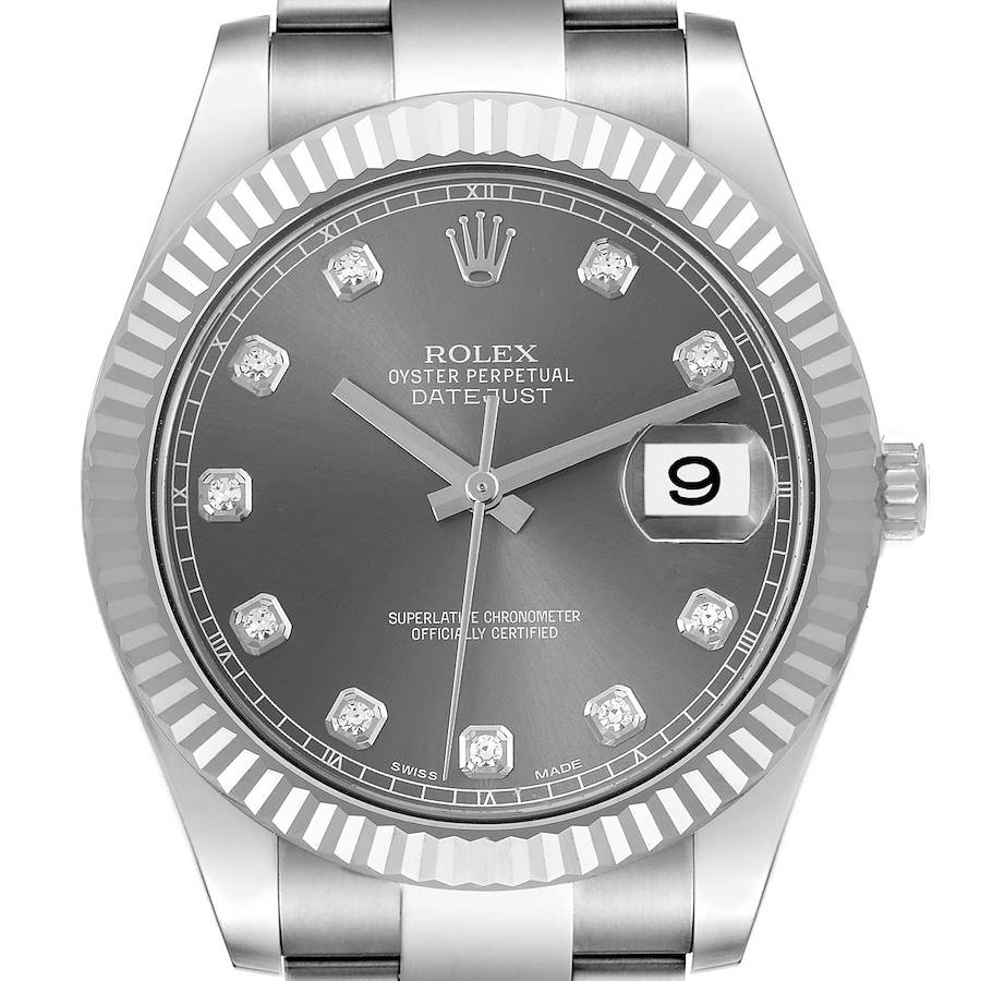 The Rolex Datejust 41 is shown from a front angle, highlighting its fluted bezel, gray dial, diamond hour markers, and date window.