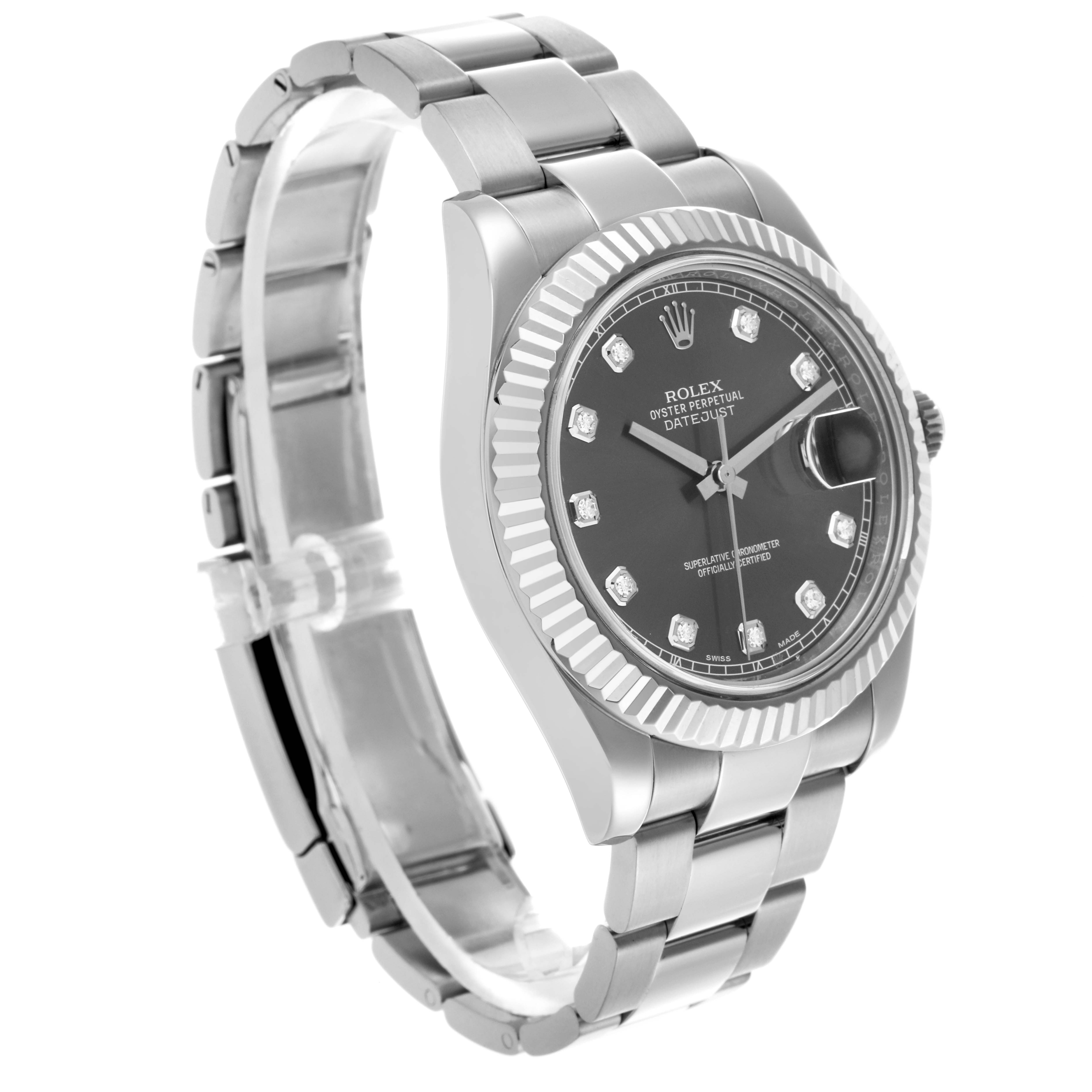 The Rolex Datejust 41 116334 Men's Stainless Steel Grey Dial 116334 Men's Stainless Steel Grey Dial is shown at an angled side view, highlighting the dial, fluted bezel, and bracelet.