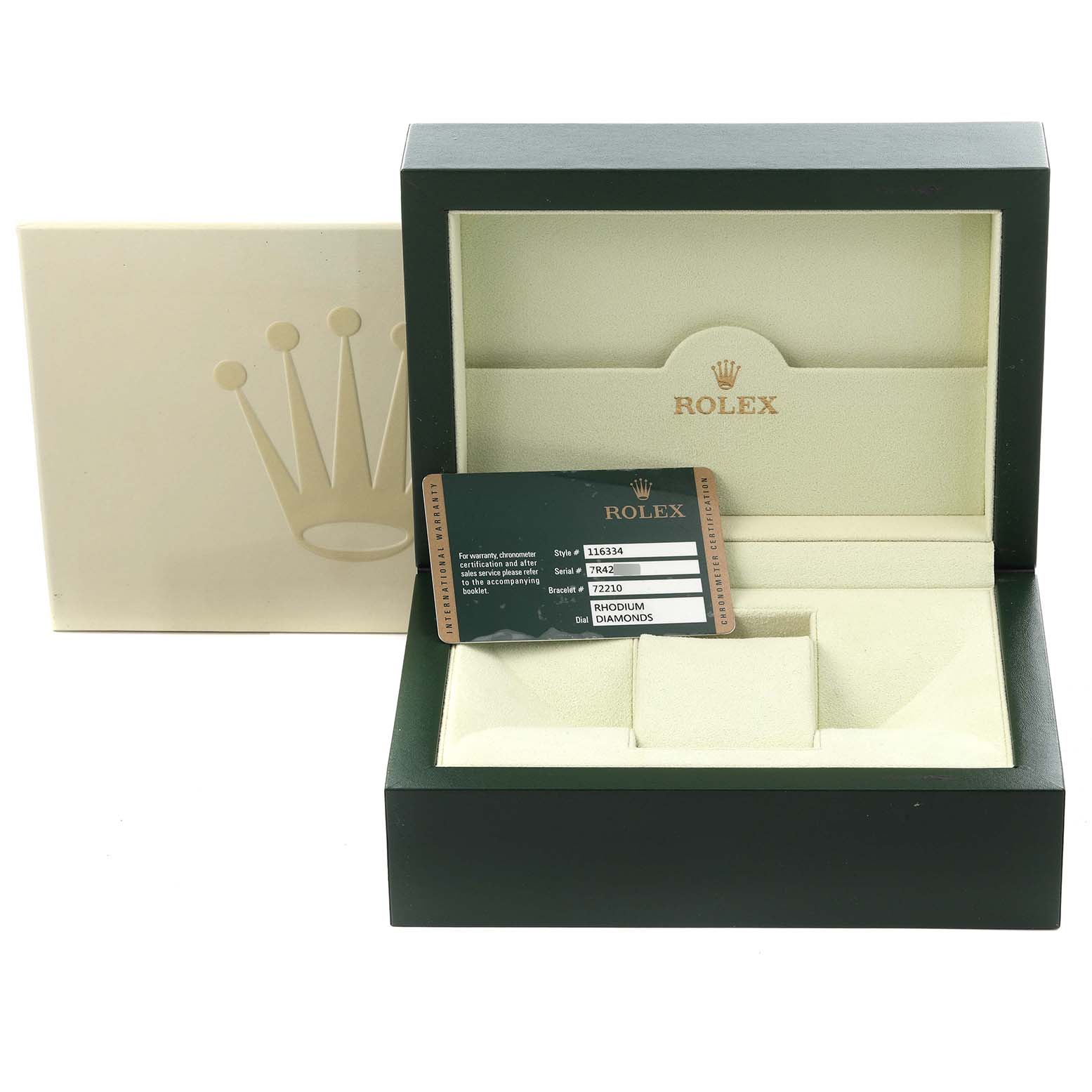 The image shows a Rolex Datejust 41 116334 Men's Stainless Steel Grey Dial 116334 Men's Stainless Steel Grey Dial watch box and papers, viewed from the front with the guarantee card displayed.