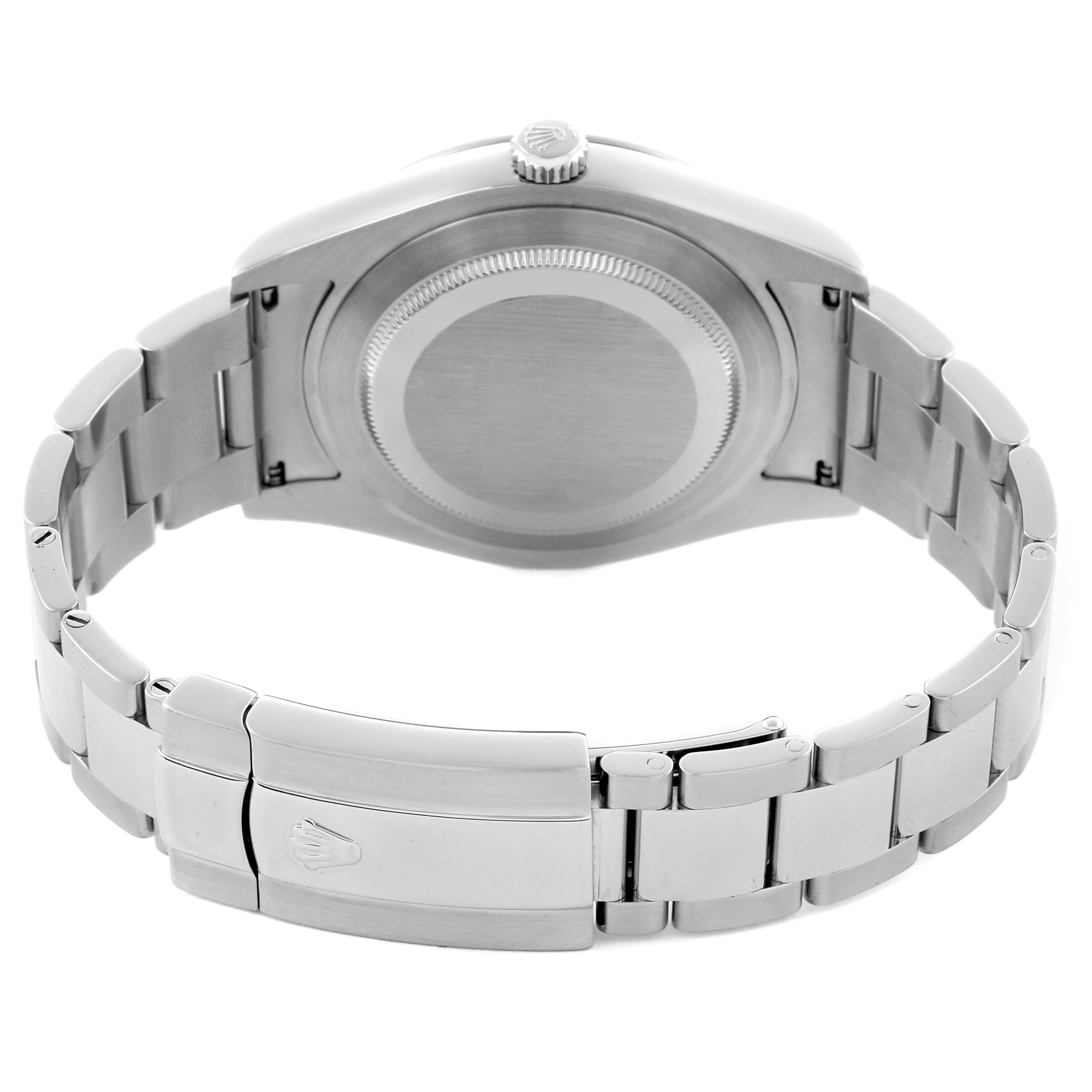 The image shows the back view of a Rolex Datejust 41 116334 Men's Stainless Steel Grey Dial 116334 Men's Stainless Steel Grey Dial watch, highlighting the case back and bracelet clasp.