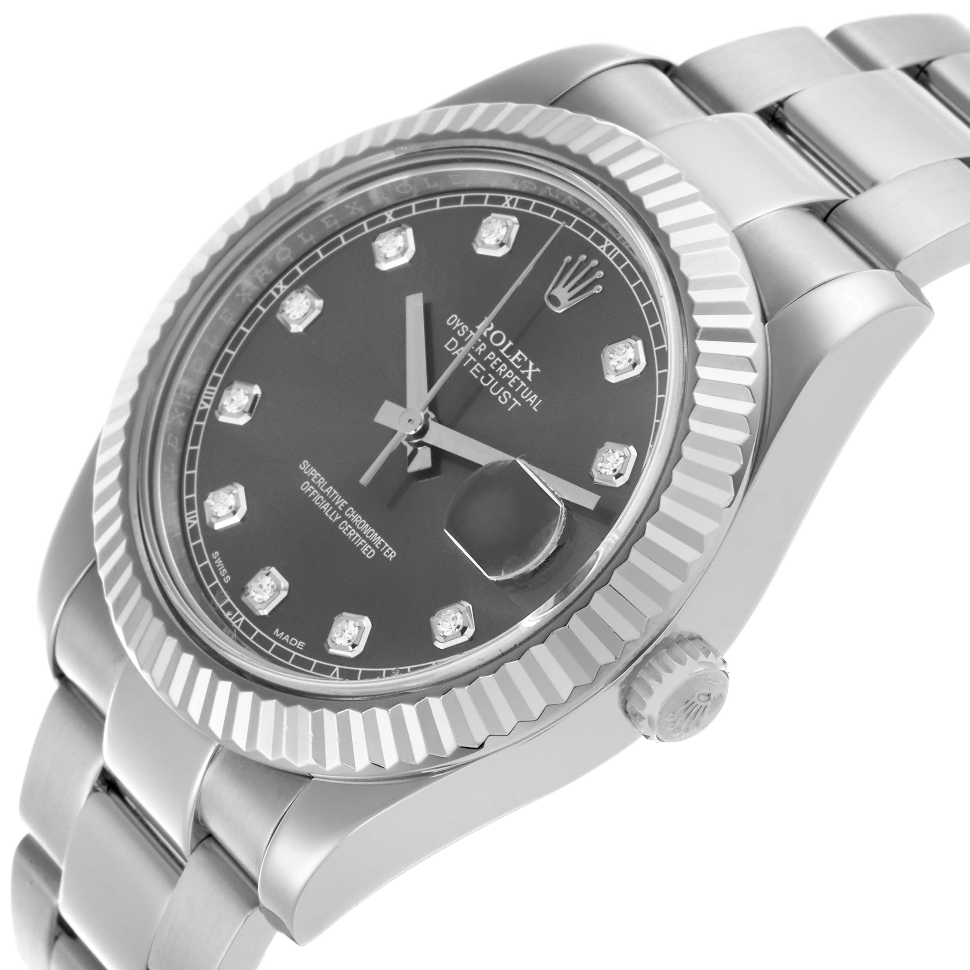The image shows a Rolex Datejust 41 116334 Men's Stainless Steel Grey Dial 116334 Men's Stainless Steel Grey Dial at an angled view, highlighting the dial, fluted bezel, and part of the bracelet.