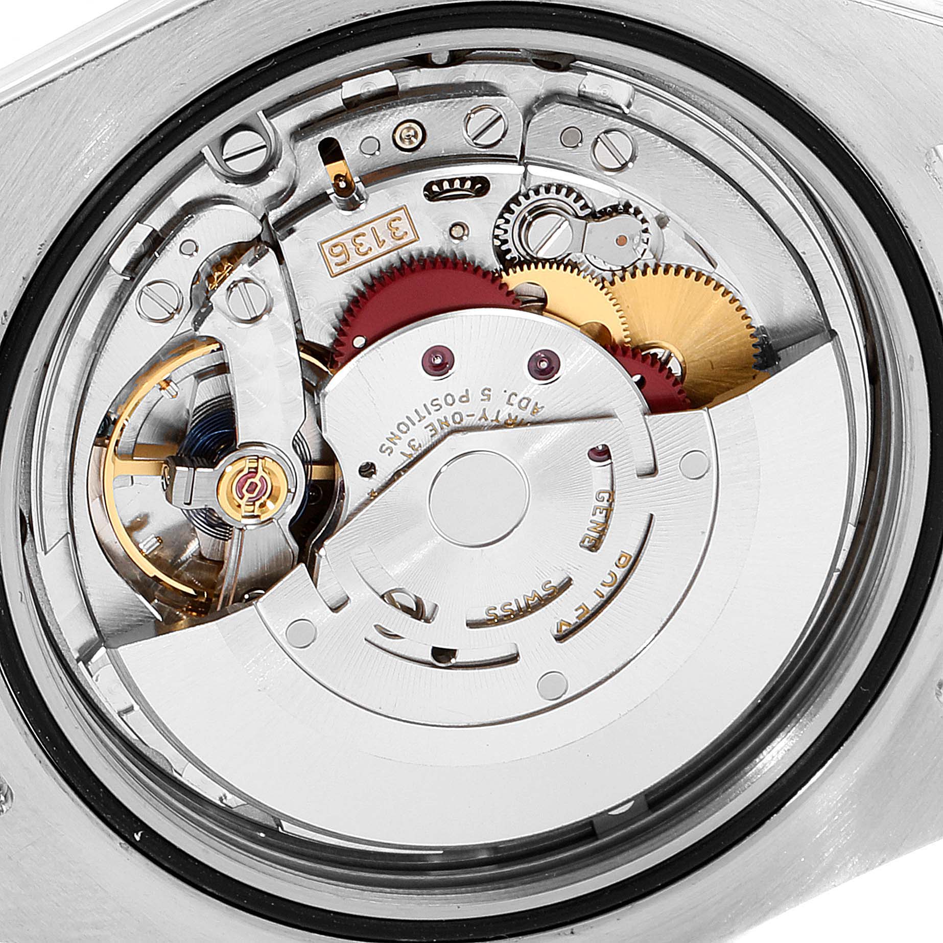 The image shows the internal mechanical movement of a Rolex Datejust 41 116300 Men
s Stainless Steel Blue Dial 116300 Men
s Stainless Steel Blue Dial, viewed from the back with cogs and gears visible.