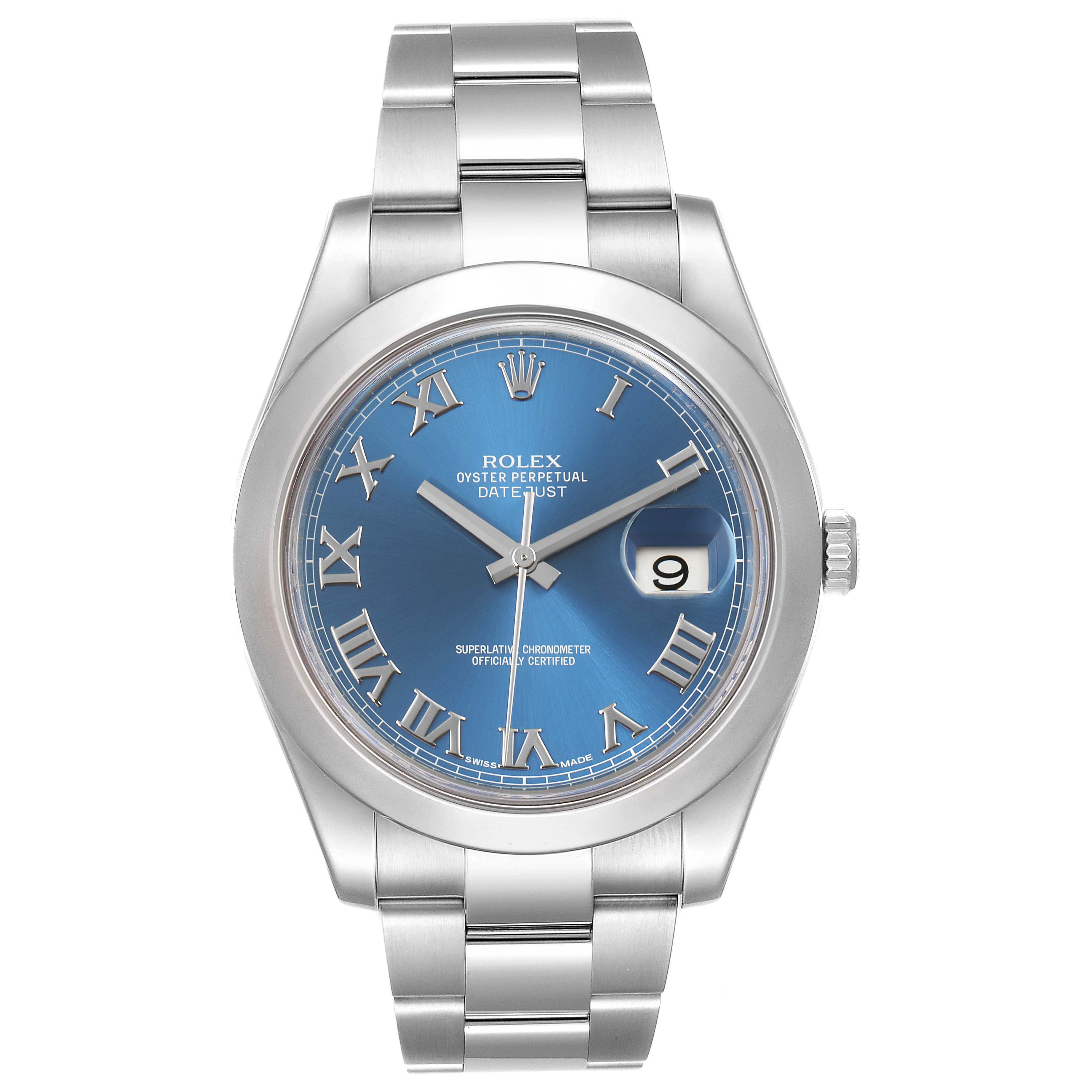 The image shows a front view of a Rolex Datejust 41 116300 Men
s Stainless Steel Blue Dial 116300 Men
s Stainless Steel Blue Dial watch, highlighting its blue dial, Roman numerals, and metal bracelet.