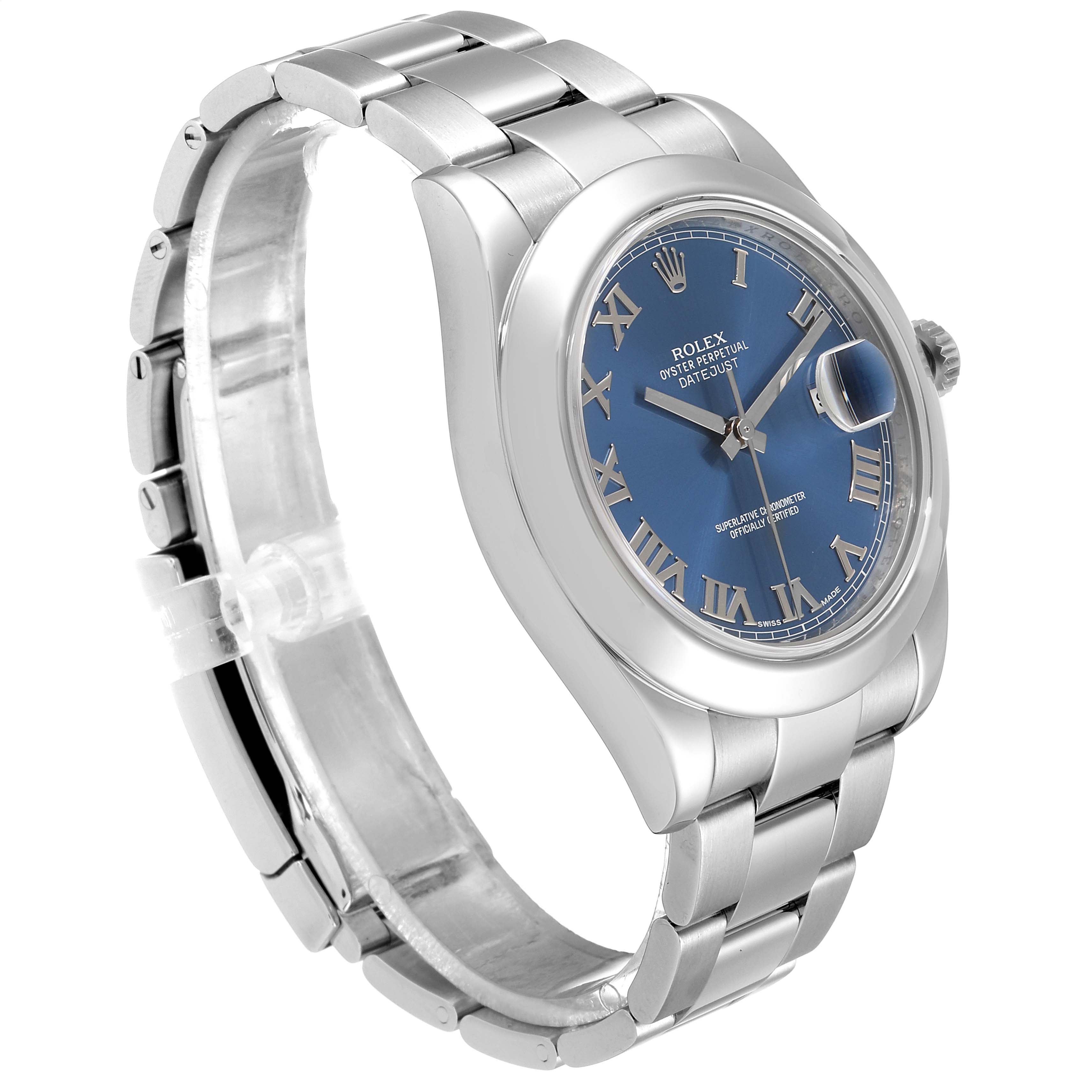 The image shows a Rolex Datejust 41 116300 Men
s Stainless Steel Blue Dial 116300 Men
s Stainless Steel Blue Dial watch from an angled side view, displaying the watch face, bezel, crown, and bracelet.