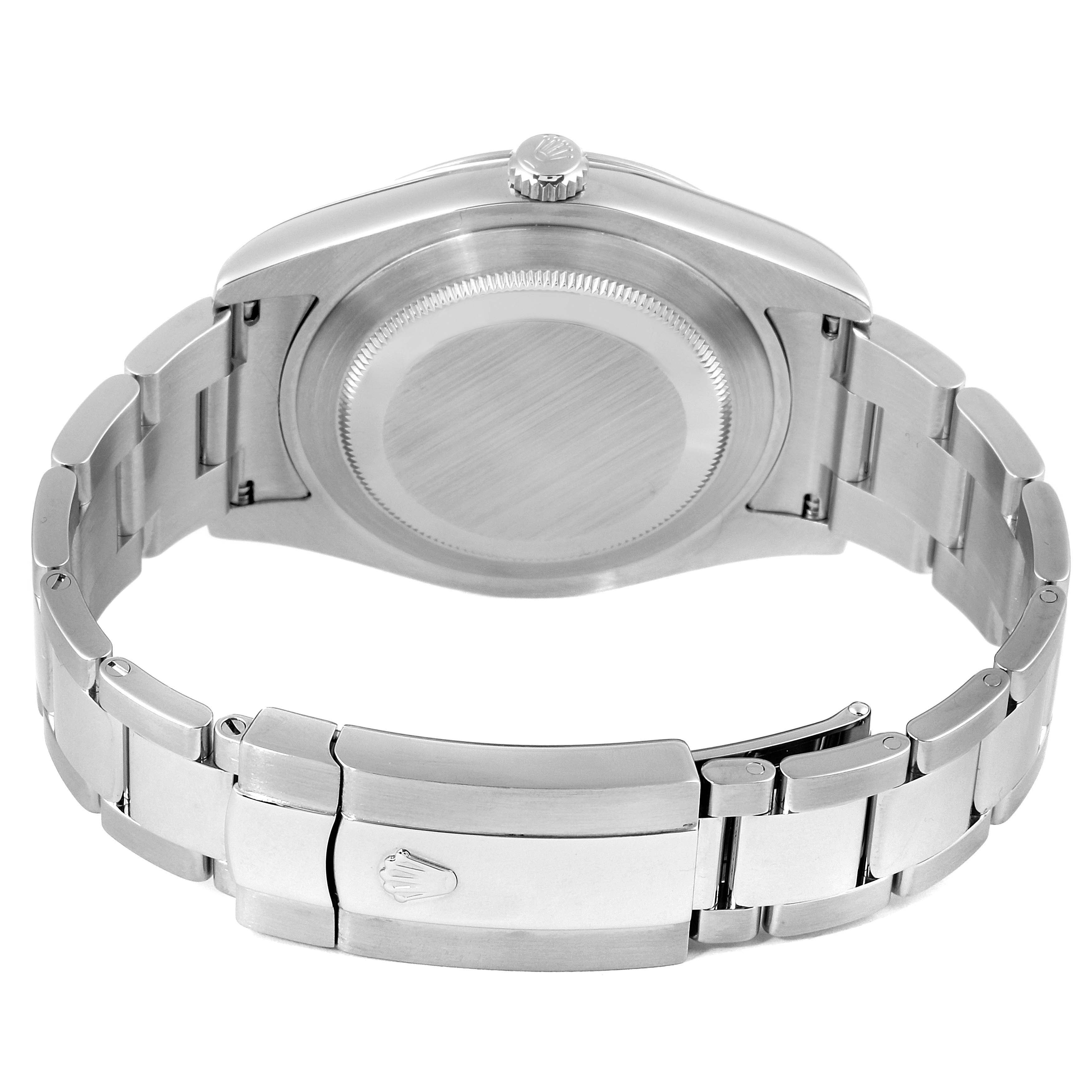 The image shows the back view of a Rolex Datejust 41 116300 Men
s Stainless Steel Blue Dial 116300 Men
s Stainless Steel Blue Dial watch, highlighting the case back, crown, and part of the metal bracelet with clasp.