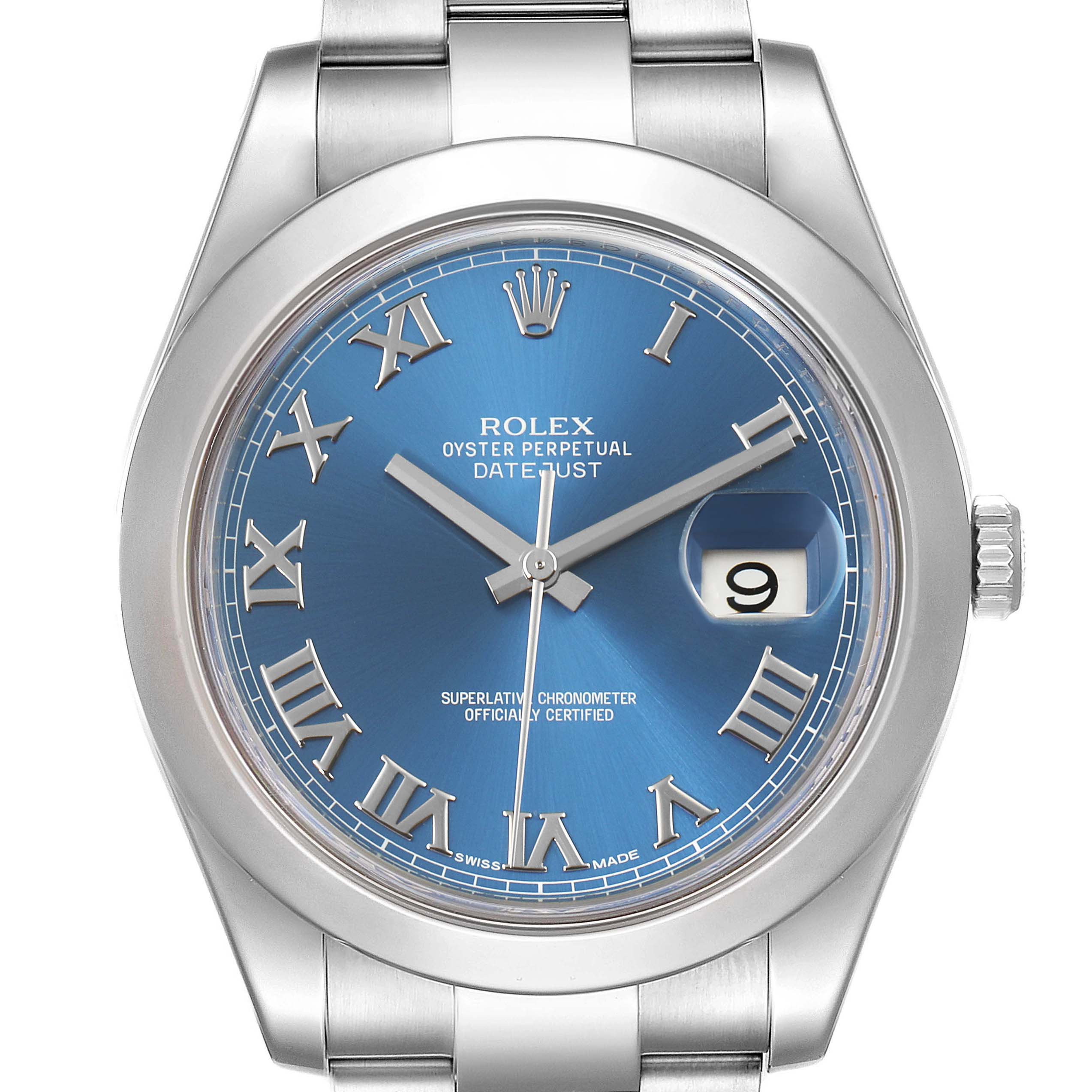 The image shows a front view of a Rolex Datejust 41 116300 Men
s Stainless Steel Blue Dial 116300 Men
s Stainless Steel Blue Dial watch with a blue dial and silver-toned Roman numerals.