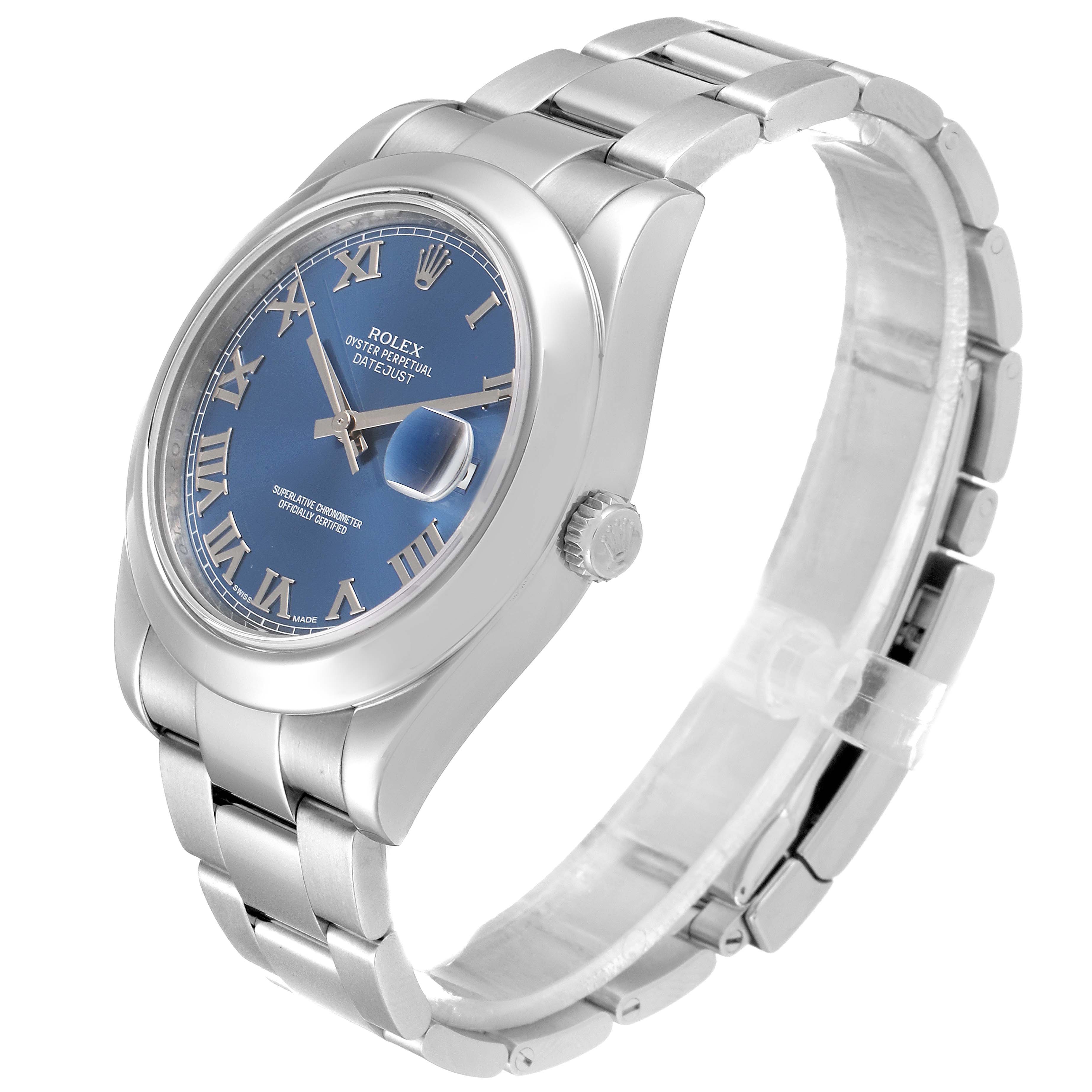 This image shows a Rolex Datejust 41 116300 Men
s Stainless Steel Blue Dial 116300 Men
s Stainless Steel Blue Dial model watch from a side angle, highlighting the bracelet, dial, crown, and bezel.