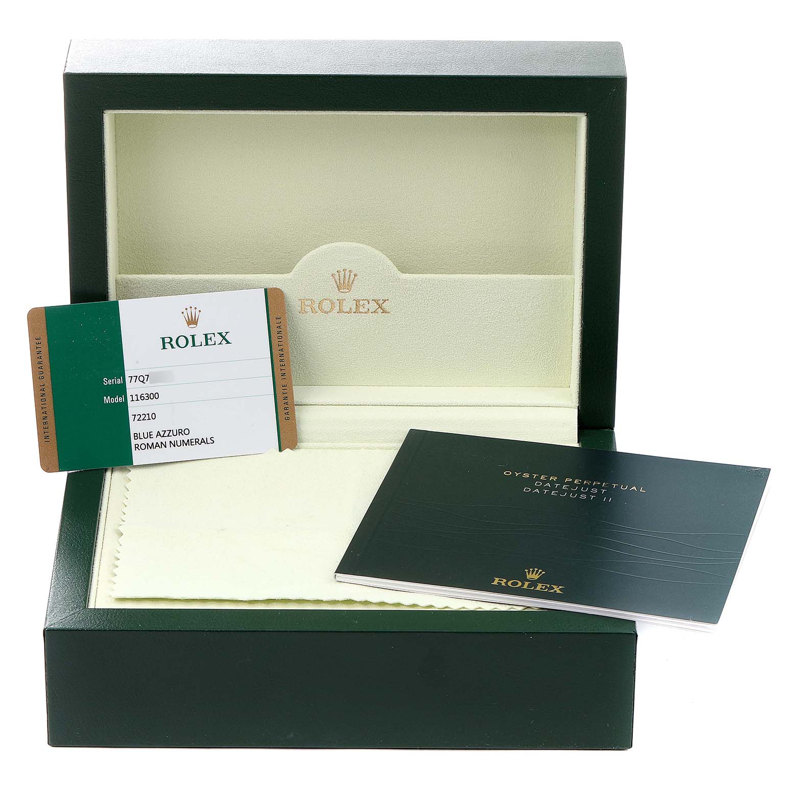 The image shows the Rolex Datejust 41 116300 Men
s Stainless Steel Blue Dial 116300 Men
s Stainless Steel Blue Dial watch box, warranty card, and manual from a front angle.