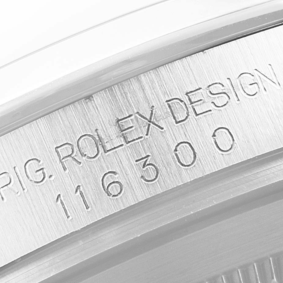The image shows an angled close-up of the model number engraved on the case of the Rolex Datejust 41 116300 Men's Stainless Steel Blue Dial 116300 Men's Stainless Steel Blue Dial watch.