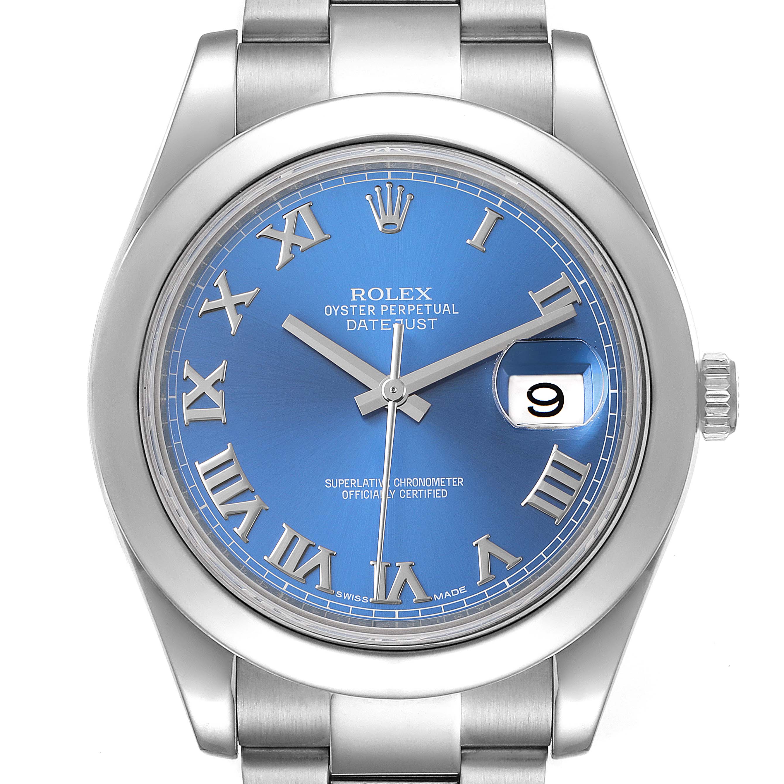 This image shows a front view of the Rolex Datejust 41 116300 Men's Stainless Steel Blue Dial 116300 Men's Stainless Steel Blue Dial watch, highlighting its blue dial, Roman numeral markers, and date window.