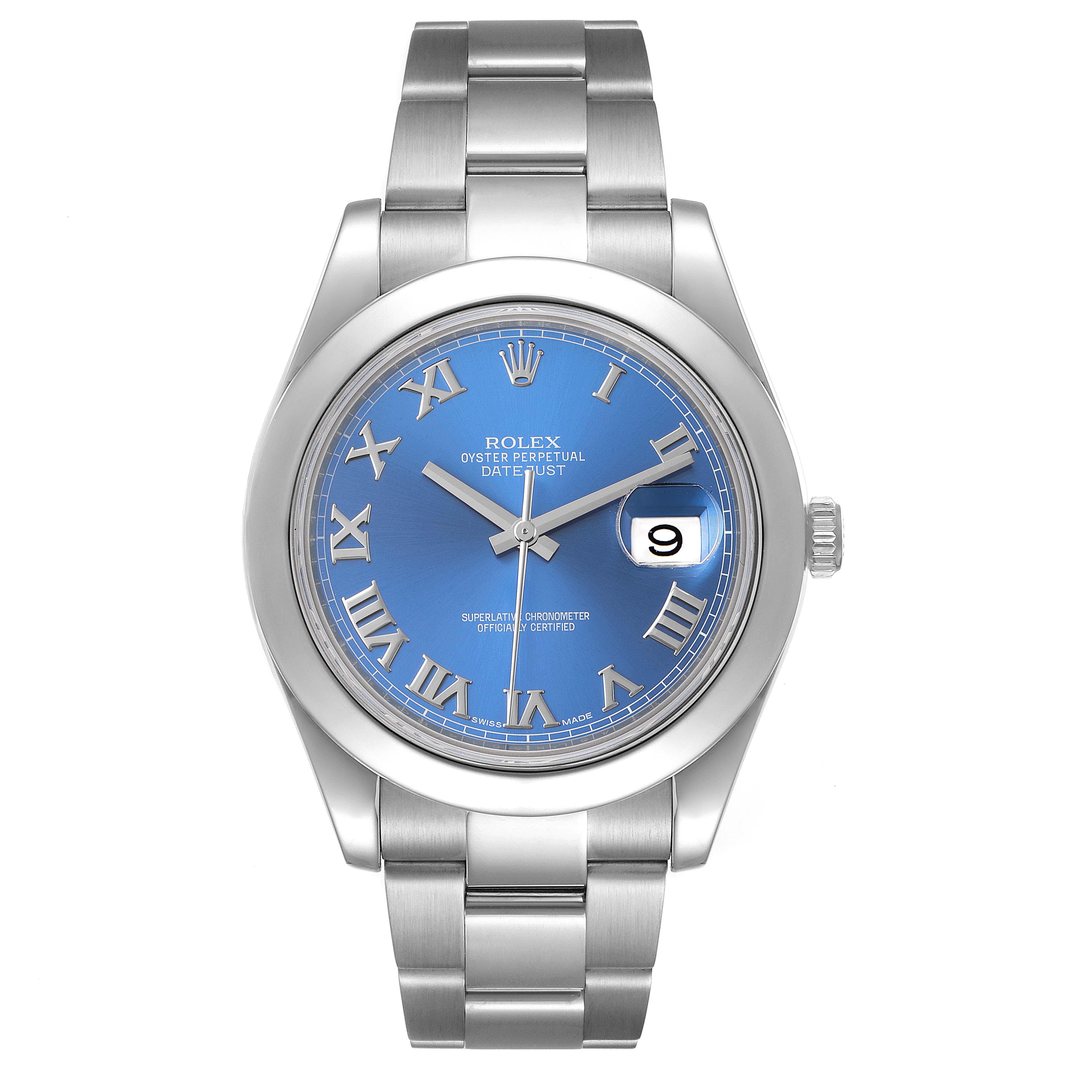 The image shows a Rolex Datejust 41 116300 Men's Stainless Steel Blue Dial 116300 Men's Stainless Steel Blue Dial watch from a top view, featuring a blue Roman numeral dial and stainless steel bracelet.