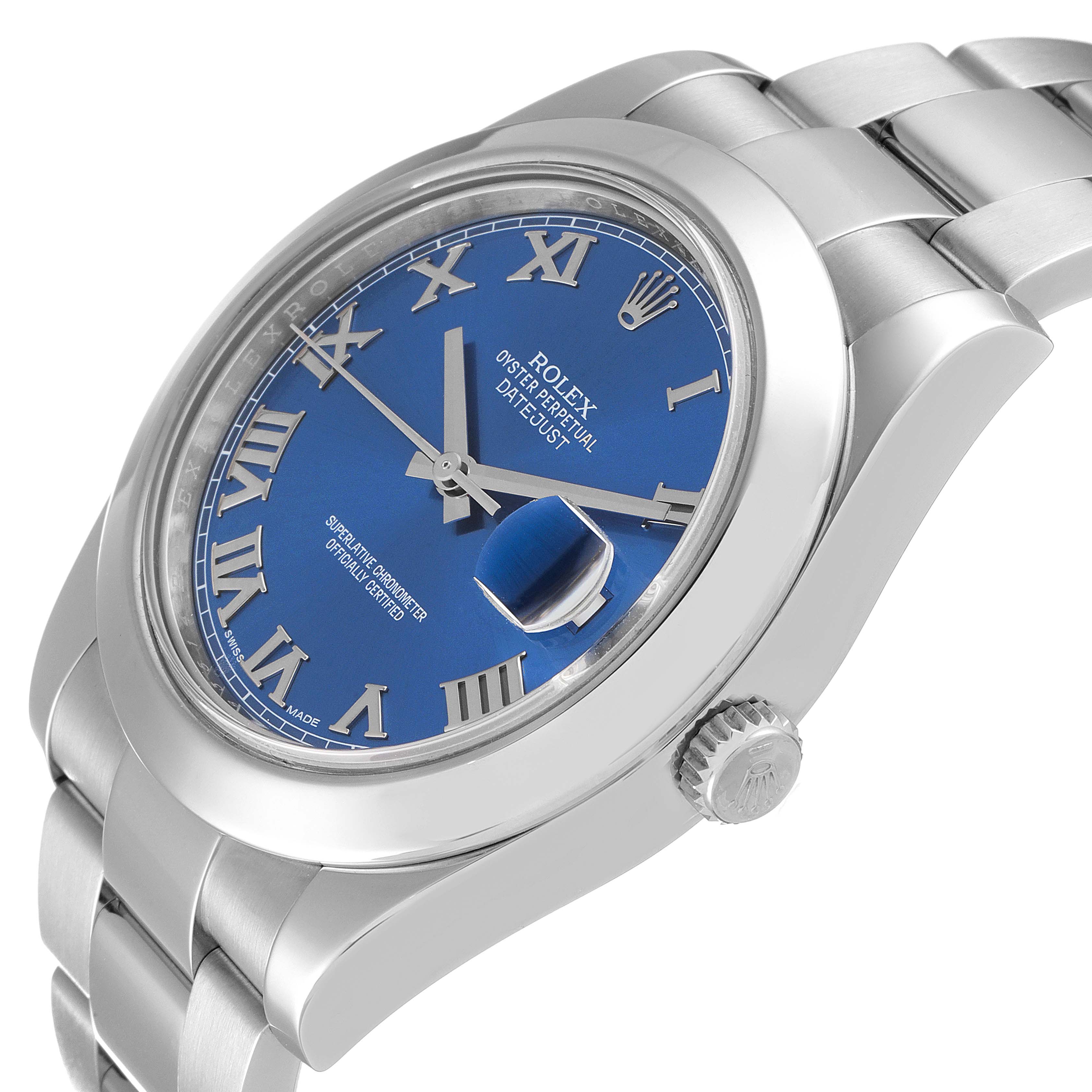 The Rolex Datejust 41 116300 Men's Stainless Steel Blue Dial 116300 Men's Stainless Steel Blue Dial watch is shown at an angled view, highlighting the blue dial, bezel, bracelet, and crown.