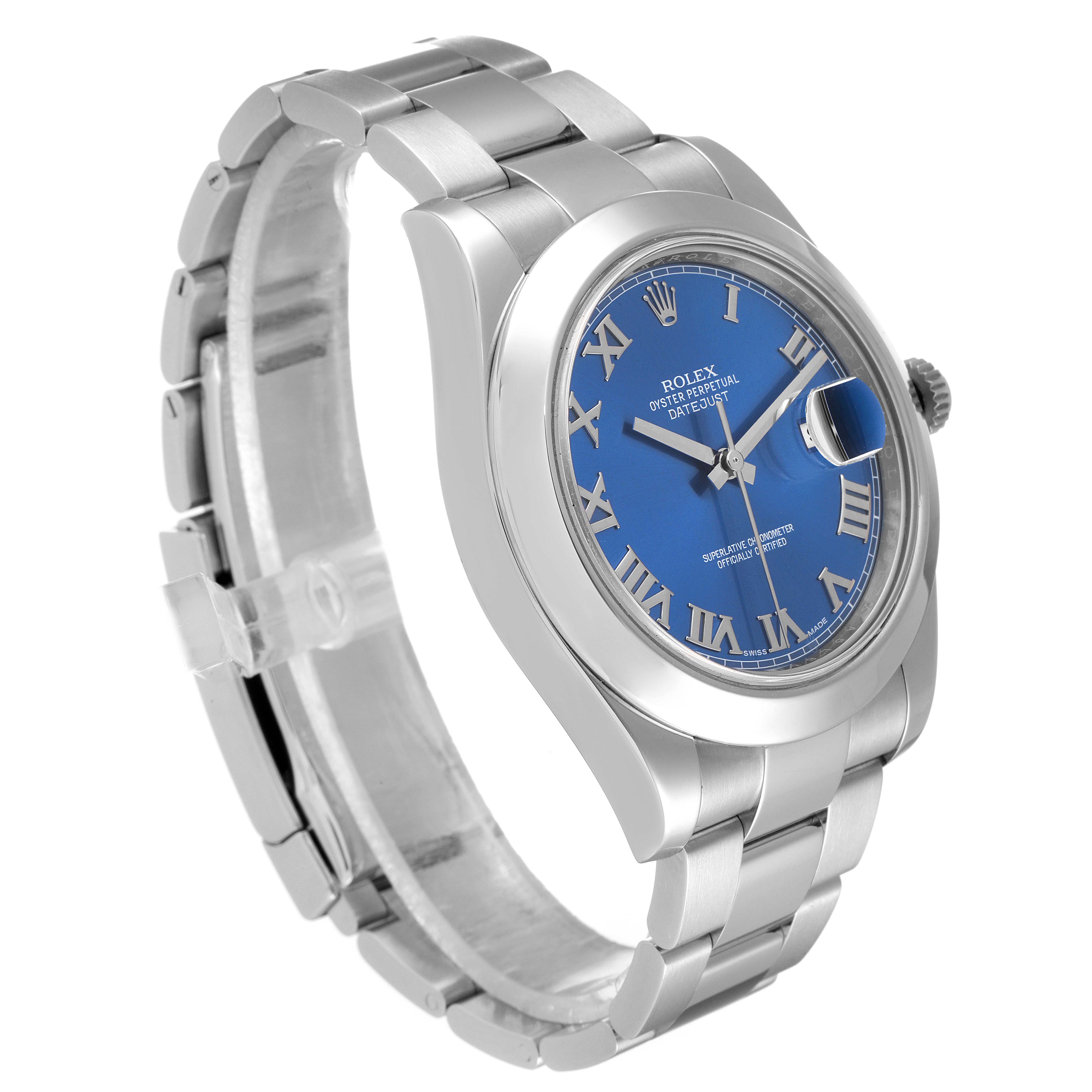 The Rolex Datejust 41 116300 Men's Stainless Steel Blue Dial 116300 Men's Stainless Steel Blue Dial is shown from a 3/4 angle, highlighting the blue dial, Roman numerals, and stainless steel bracelet.