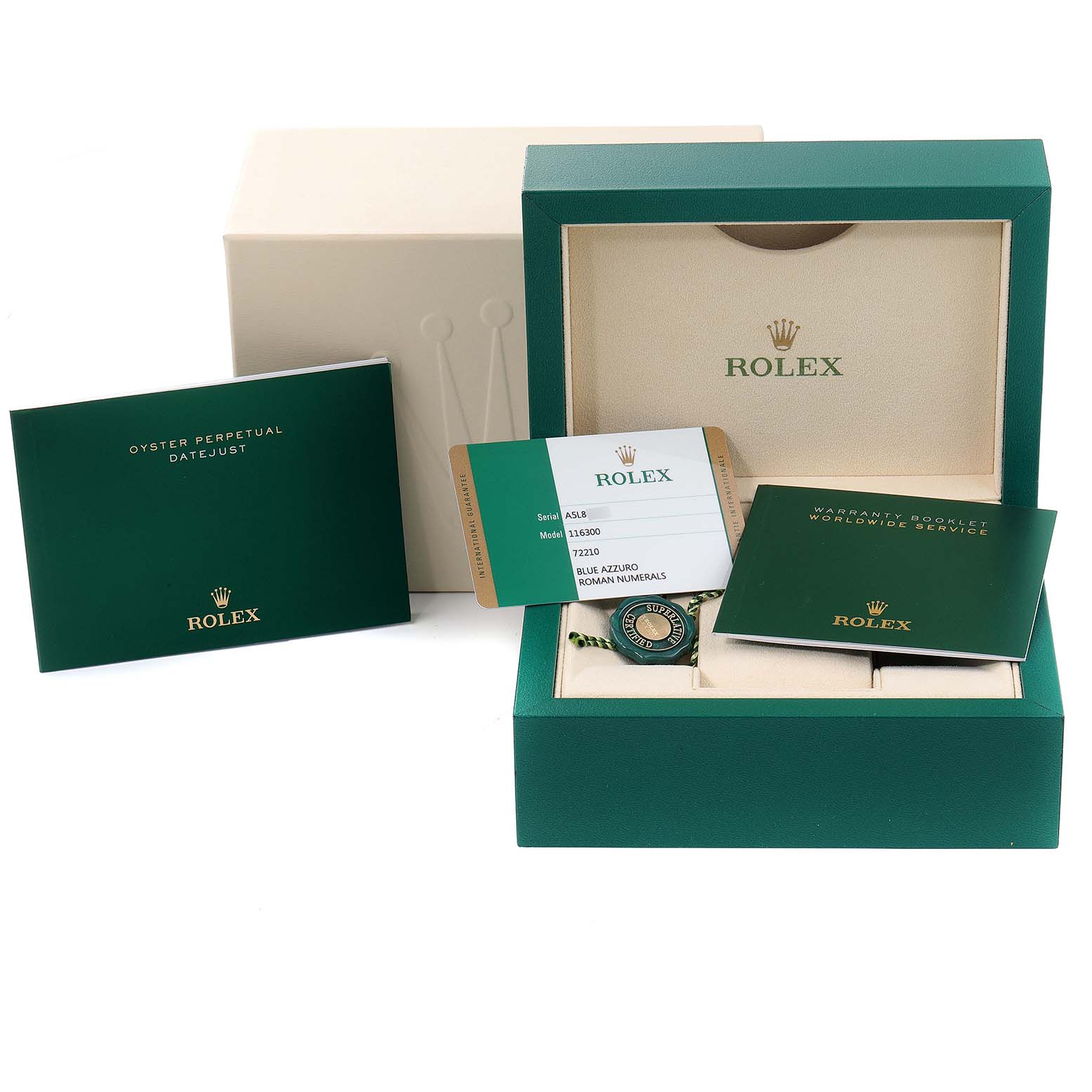 The image shows the Rolex Datejust 41 116300 Men's Stainless Steel Blue Dial 116300 Men's Stainless Steel Blue Dial box, warranty card, tags, and booklets displayed at a front angle.