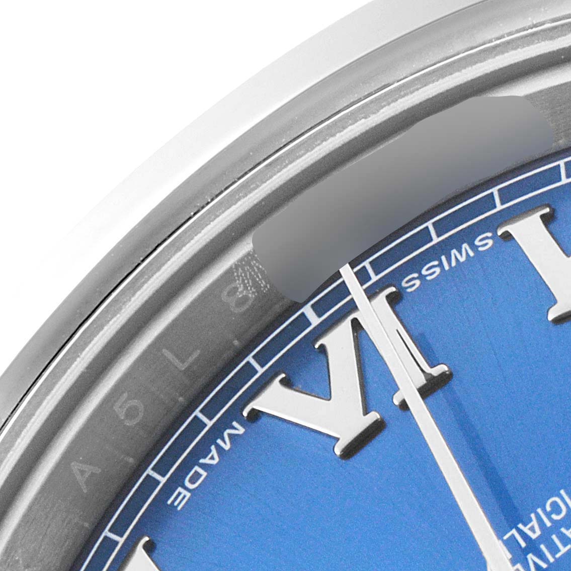The image shows a close-up angle of the dial, bezel, and part of the hour hand of a Rolex Datejust 41 116300 Men's Stainless Steel Blue Dial 116300 Men's Stainless Steel Blue Dial model.