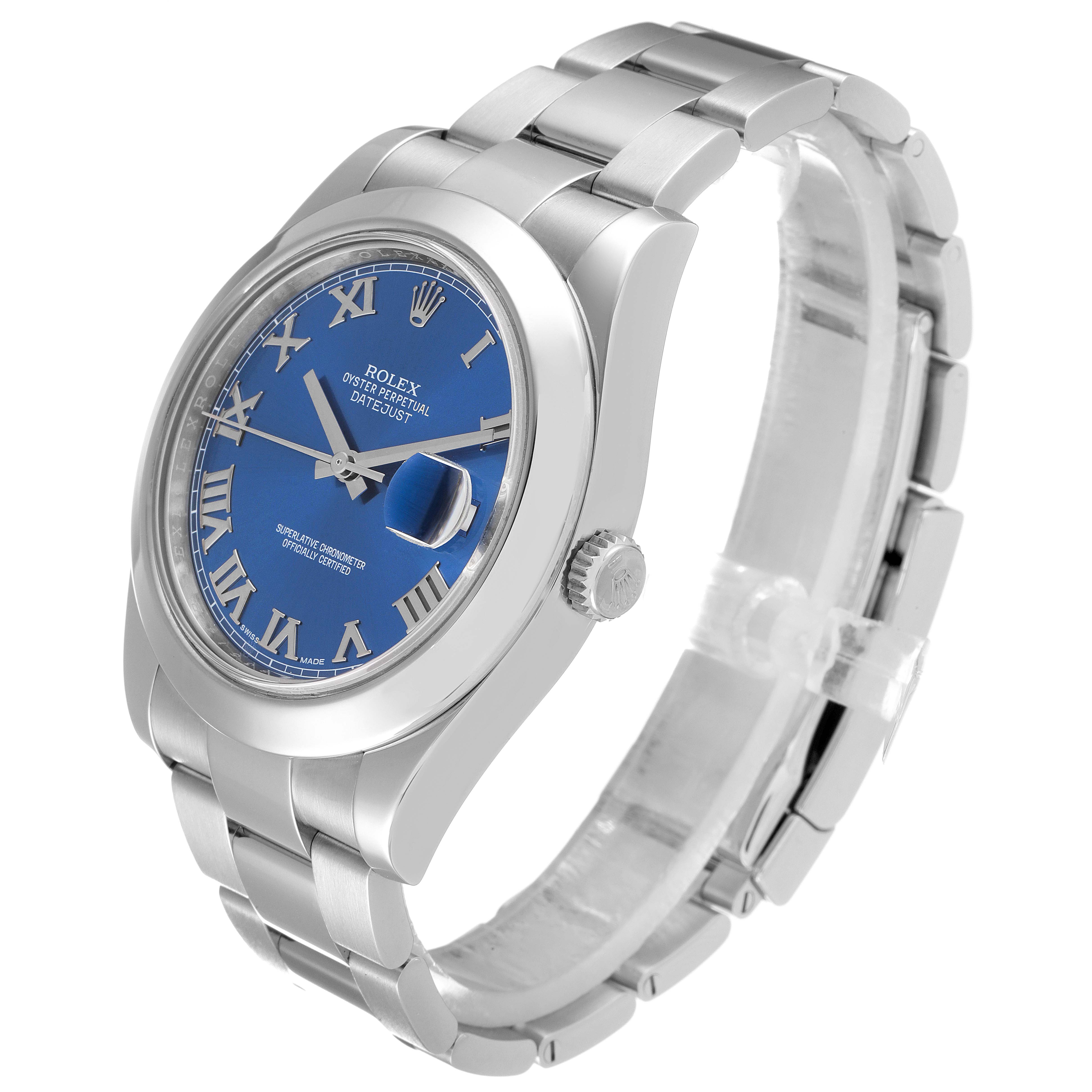 This image shows a side angle of the Rolex Datejust 41 116300 Men's Stainless Steel Blue Dial 116300 Men's Stainless Steel Blue Dial watch, featuring its blue dial, silver bracelet, and case.