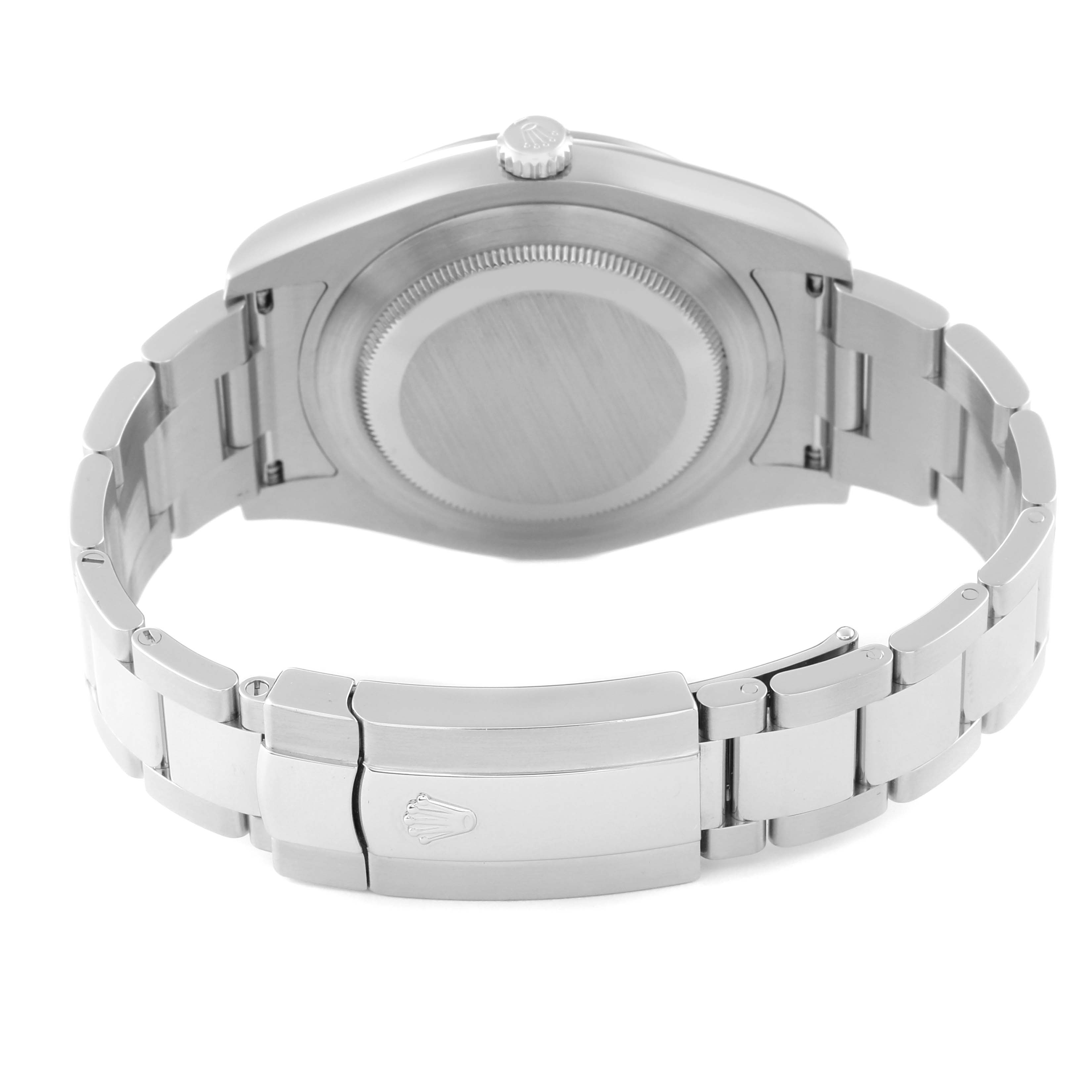 This image shows the back of a Rolex Datejust 41 116334 Men's Stainless Steel Blue Dial 116334 Men's Stainless Steel Blue Dial watch, including the case back, crown, and stainless steel bracelet with a clasp.