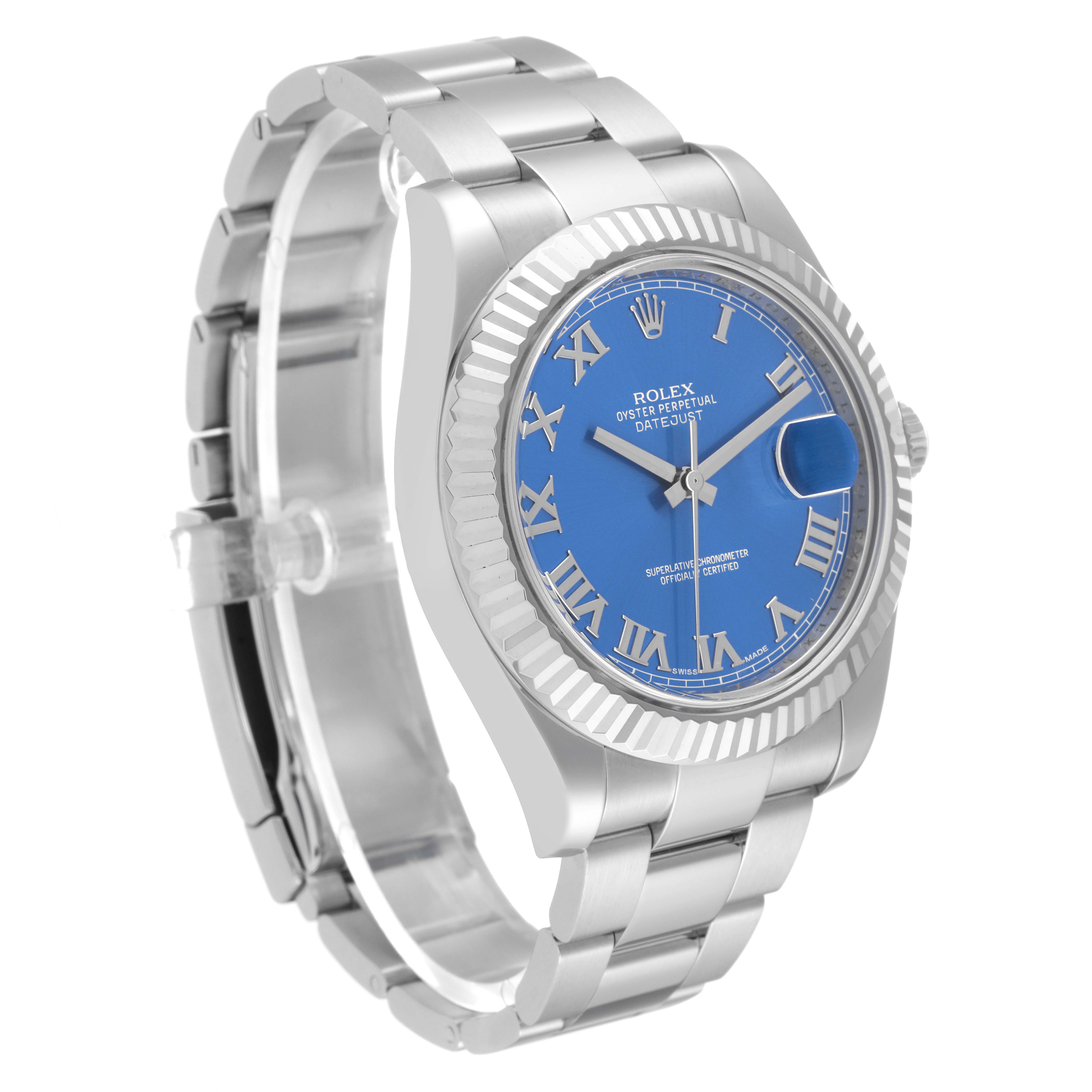 The image shows a Rolex Datejust 41 116334 Men's Stainless Steel Blue Dial 116334 Men's Stainless Steel Blue Dial watch at a three-quarter angle highlighting the blue dial, fluted bezel, and Oyster bracelet.