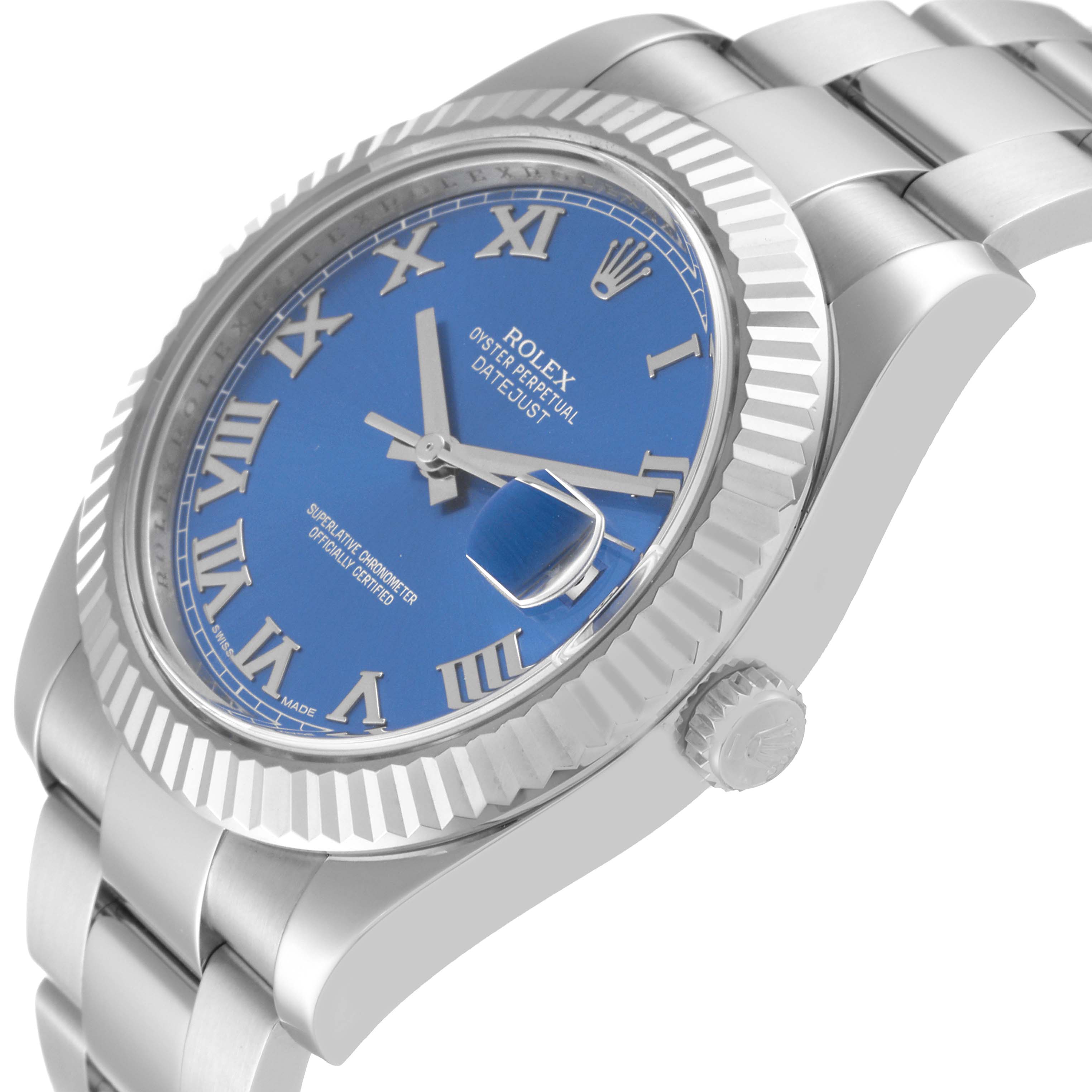 The image shows a close-up side angle view of the Rolex Datejust 41 116334 Men's Stainless Steel Blue Dial 116334 Men's Stainless Steel Blue Dial watch, highlighting the blue dial, bezel, and bracelet.