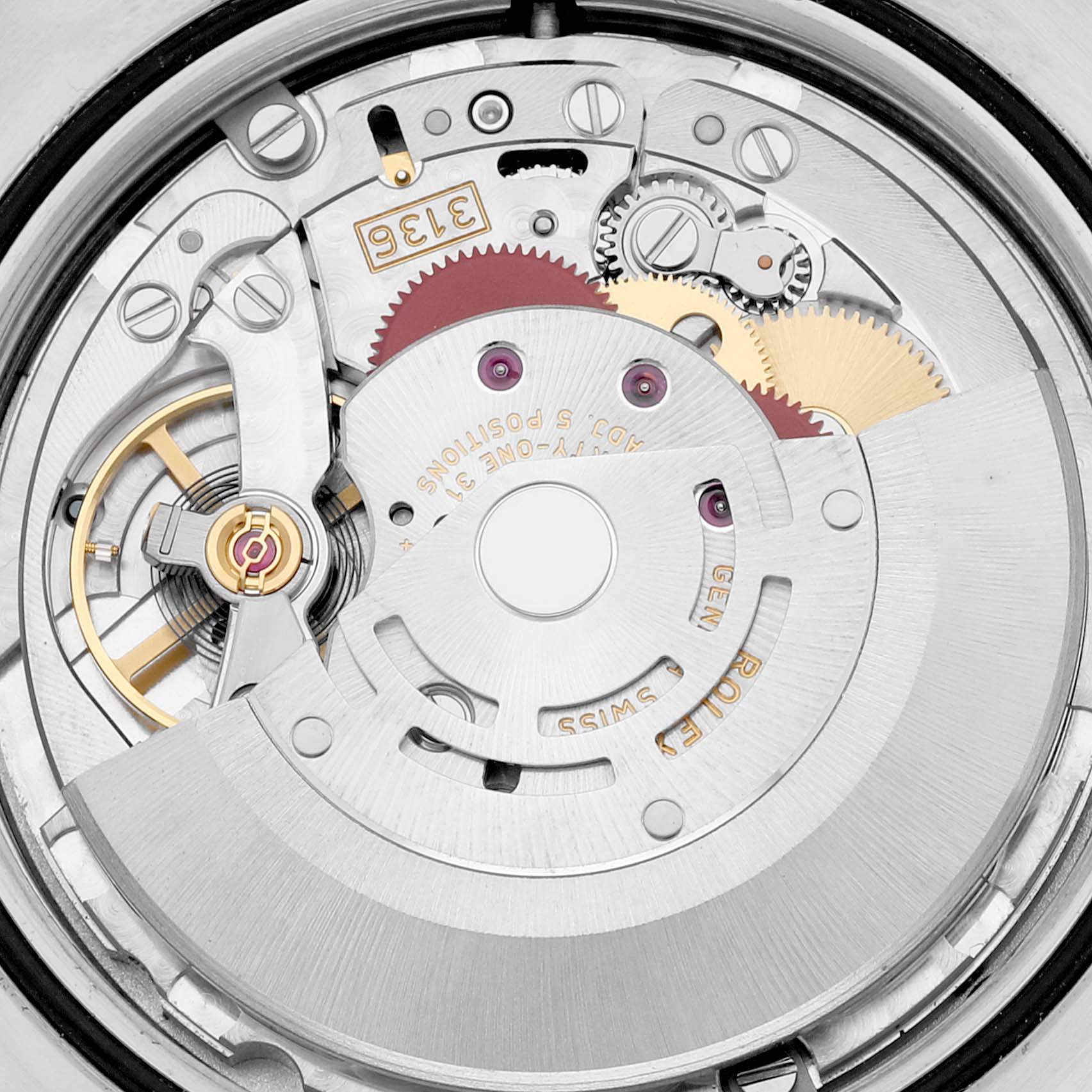 This image shows a close-up of the movement mechanism of a Rolex Datejust 41 116334 Men's Stainless Steel Blue Dial 116334 Men's Stainless Steel Blue Dial watch.
