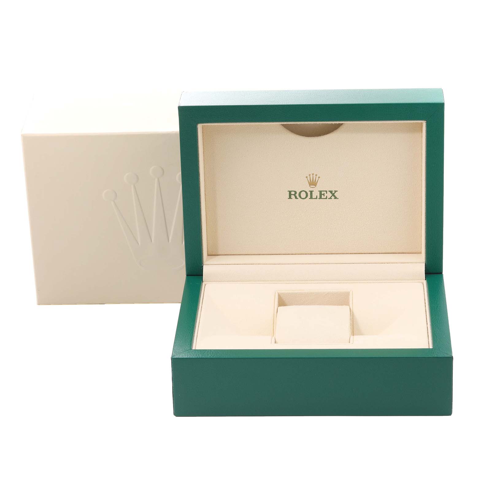 The image shows an open box and case for a Rolex Datejust 41 116334 Men's Stainless Steel Blue Dial 116334 Men's Stainless Steel Blue Dial model watch, with the Rolex logo visible inside.