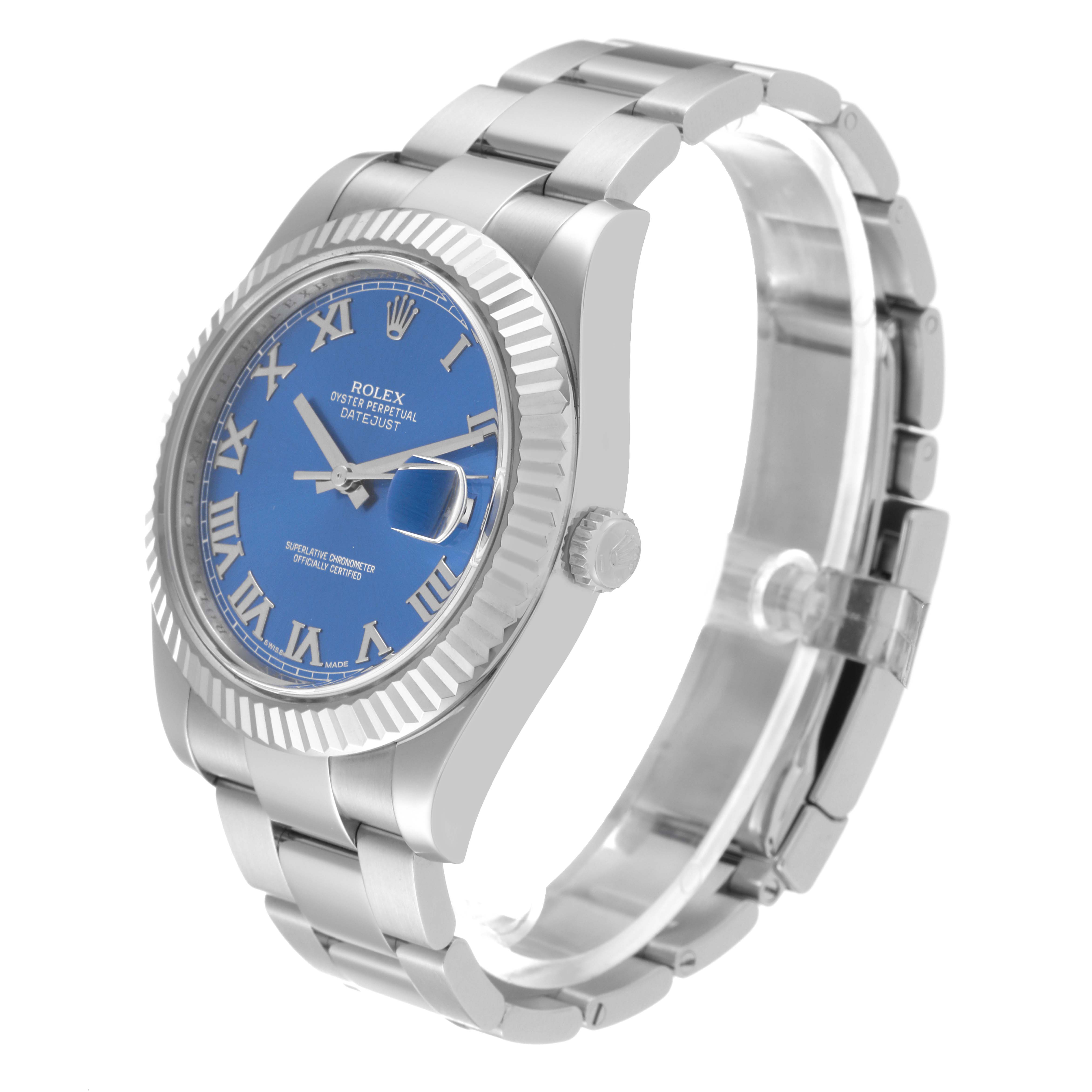The image shows a side-angle view of a Rolex Datejust 41 116334 Men's Stainless Steel Blue Dial 116334 Men's Stainless Steel Blue Dial watch showcasing its dial, bezel, crown, and bracelet.