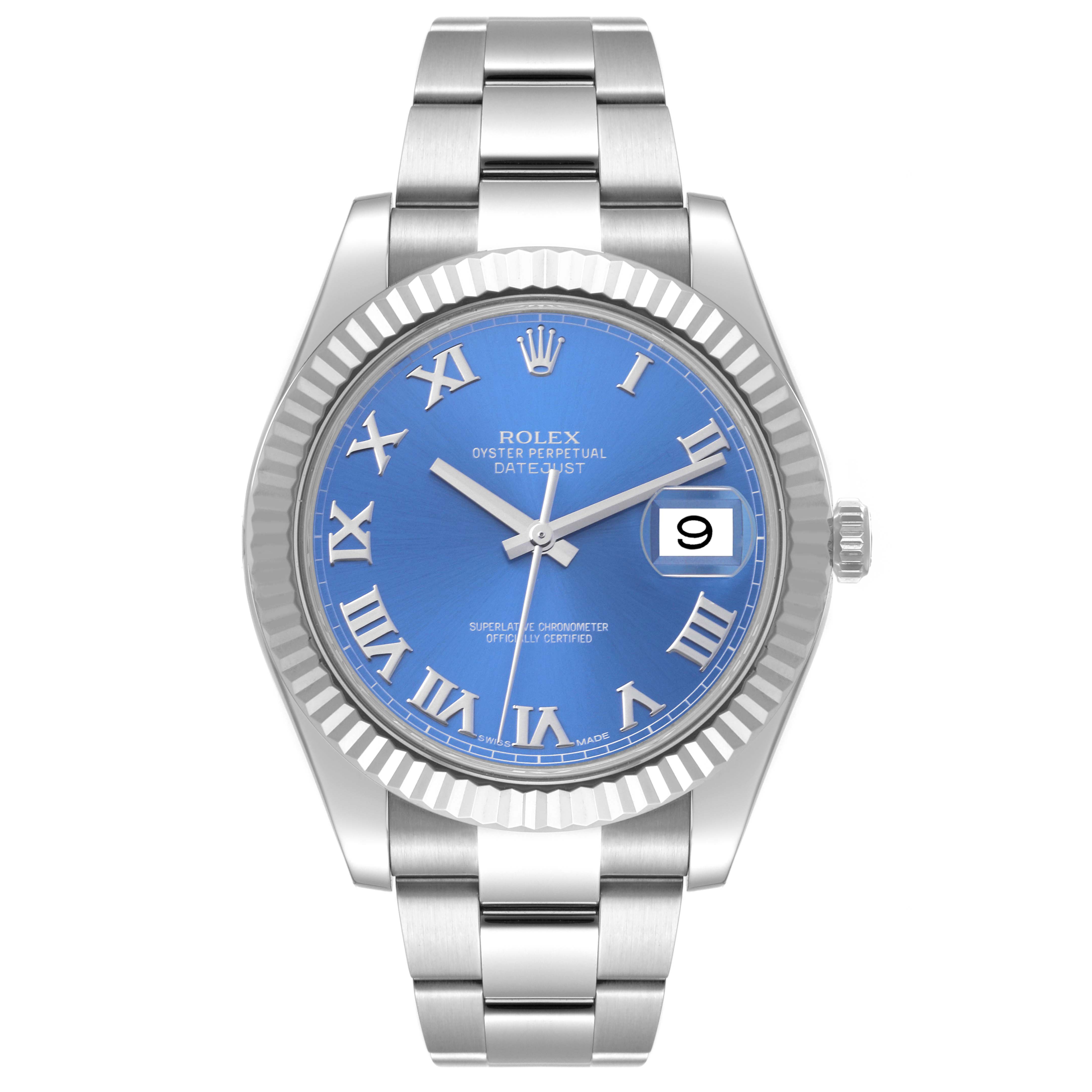 This image shows a front view of the Rolex Datejust 41 116334 Men's Stainless Steel Blue Dial 116334 Men's Stainless Steel Blue Dial watch, highlighting its blue dial, Roman numerals, and Oyster bracelet.