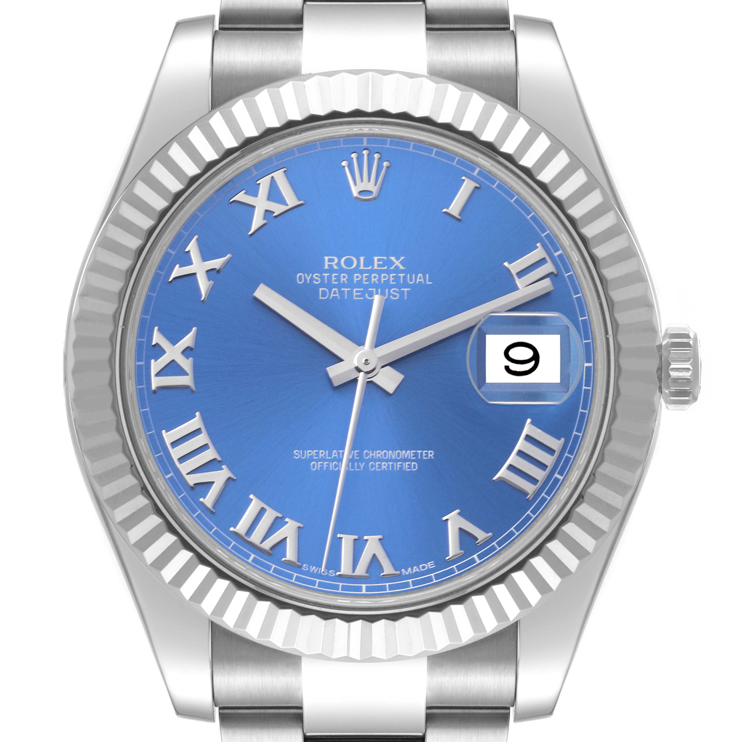 The image shows a front view of the Rolex Datejust 41 116334 Men's Stainless Steel Blue Dial 116334 Men's Stainless Steel Blue Dial, highlighting its blue dial, Roman numerals, date window, and fluted bezel.