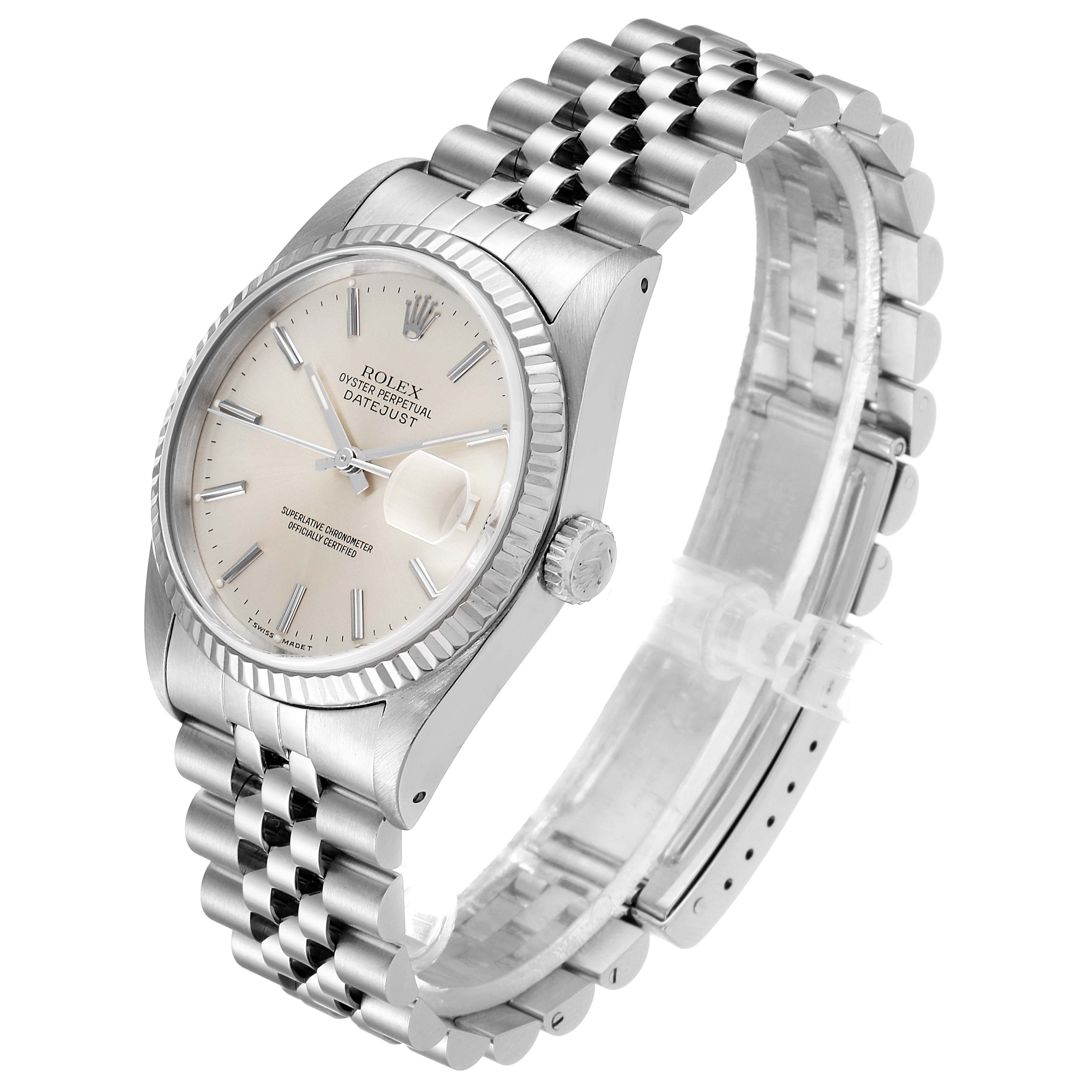 The image shows a Rolex Datejust 16234 Men's Stainless Steel Silver Dial 16234 Men's Stainless Steel Silver Dial watch at a three-quarter angle, revealing the face, bezel, crown, and bracelet.
