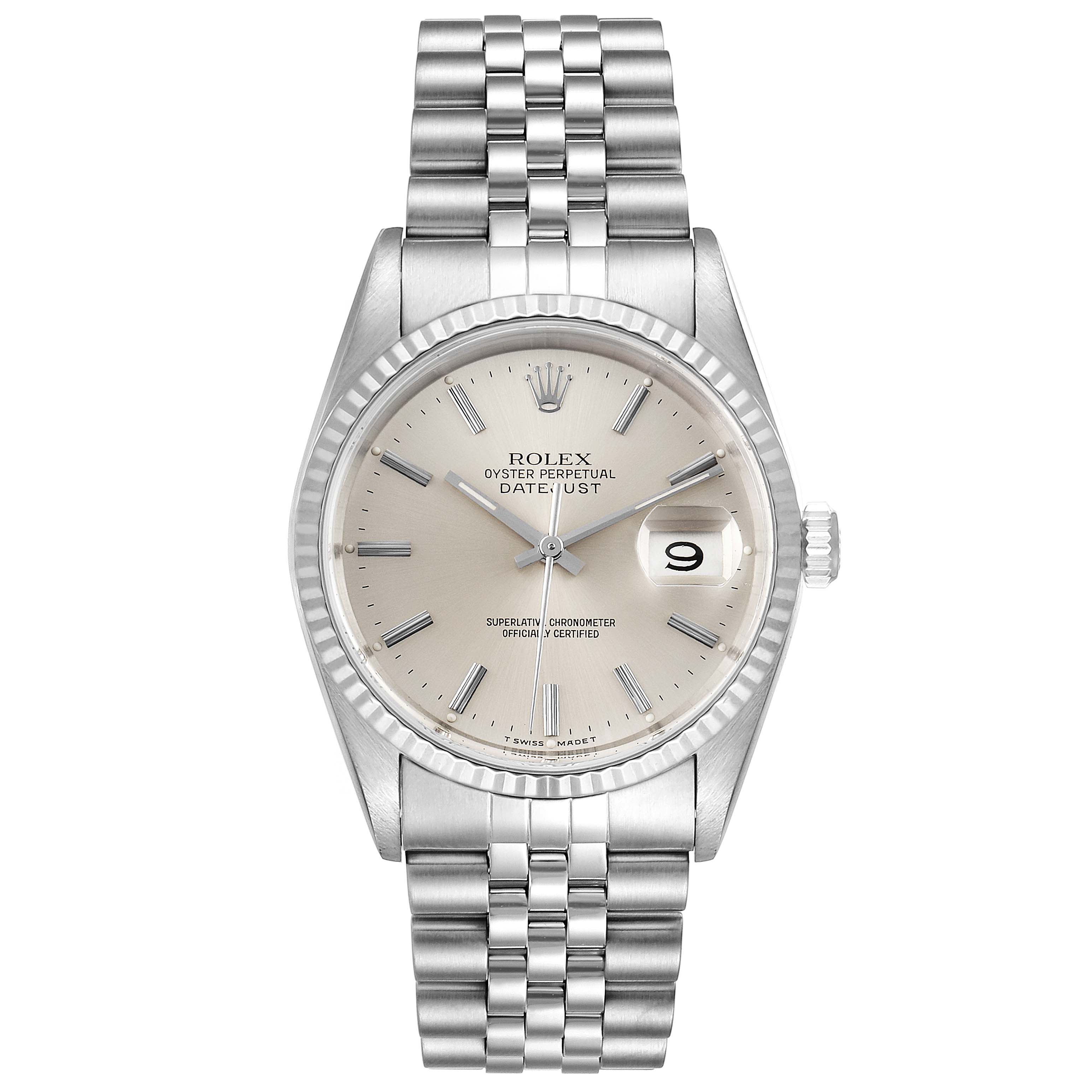 The Rolex Datejust 16234 Men's Stainless Steel Silver Dial 16234 Men's Stainless Steel Silver Dial model watch is shown from a top-down angle, highlighting its dial, bezel, and bracelet.